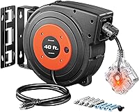 Vista 15 de DEWENWILS Carrete de Cable de Servicio Pesado, Cable de Extensión de Alimentación Retráctil de 40 Pies, 12AWG/3C SJTOW, 3 Tomas Triples Iluminadas