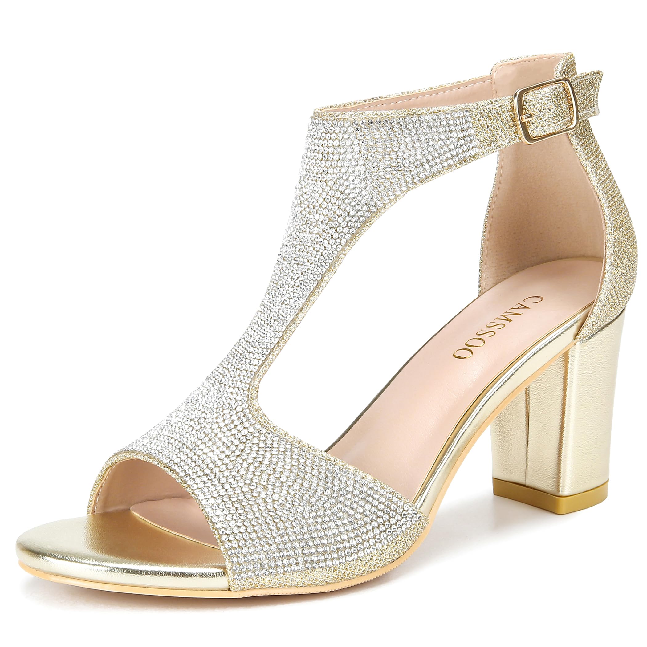 CAMSSOOWomen's Rhinestone Heels Chunky Heeled Sandals T-Strap Sexy Sandals Peep Toe Wedding Party Prom Dress Shoes for Women Block Heel Pumps 3.35 IN PU Gold US 9.5