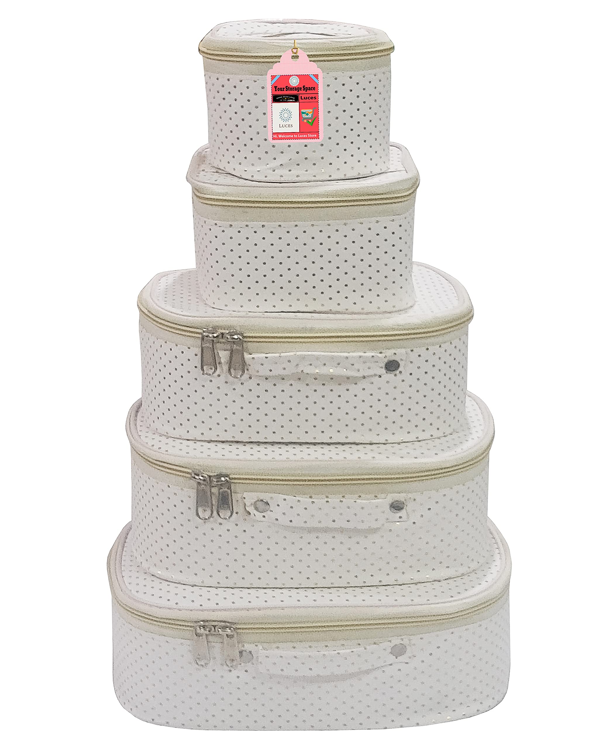 Luces 5 Pc Different Sizes Fabric Bag Set Purse Makeup Bag Toiletry Travel Cosmetic Storage Box Shaving Kit Wardrobe Organizer Jewellery Pouch for Women (Cream)