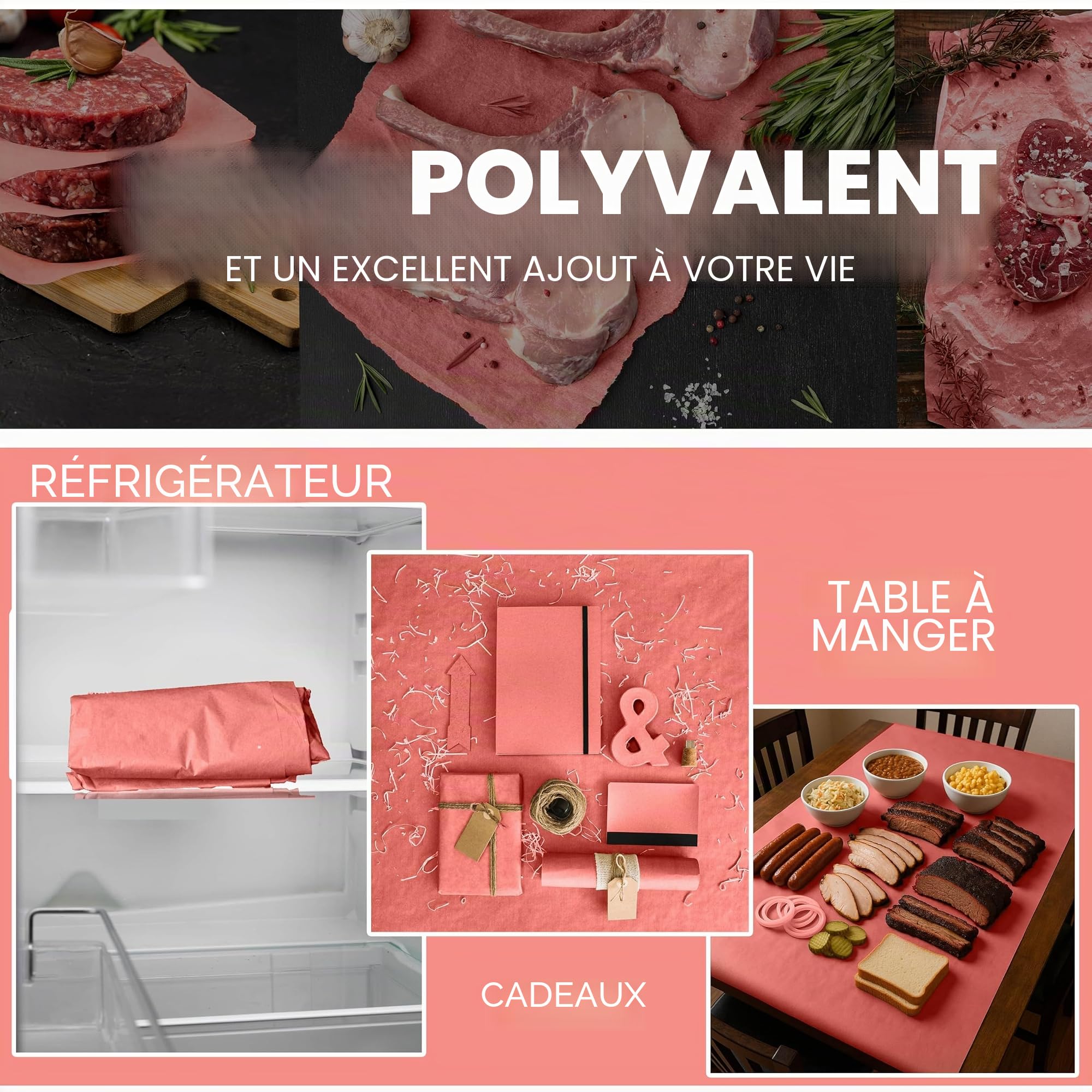 Rouleau de papier de boucher rose pour fumer de la viande – 76 cm x 18 m – Papier cadeau non blanchi de qualité alimentaire pour barbecue, four et fumoir de fosse.