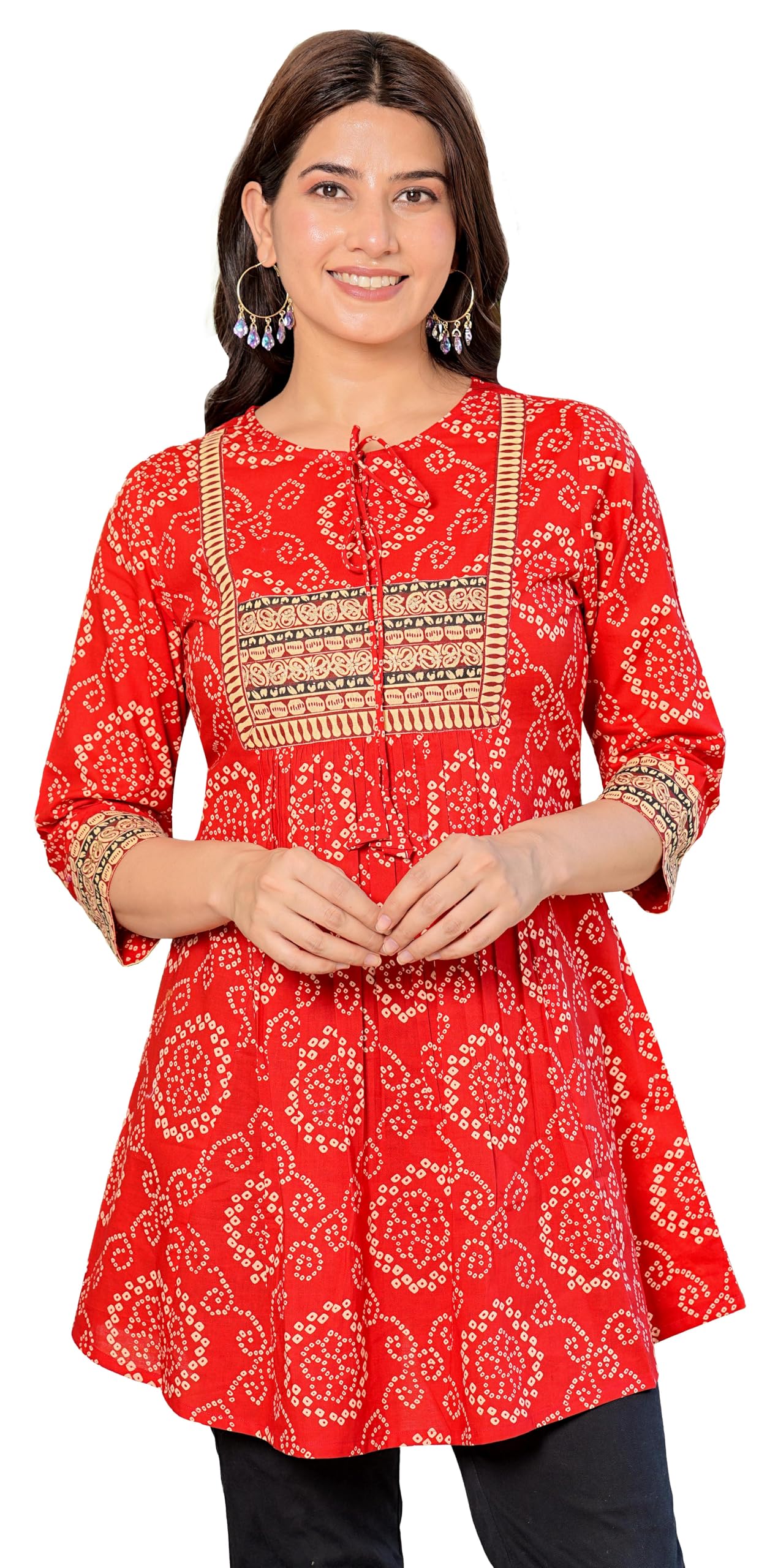 Yash Gallery Women's Cotton Blend Straight Fit Straight Bandhani Short Kurta Tops