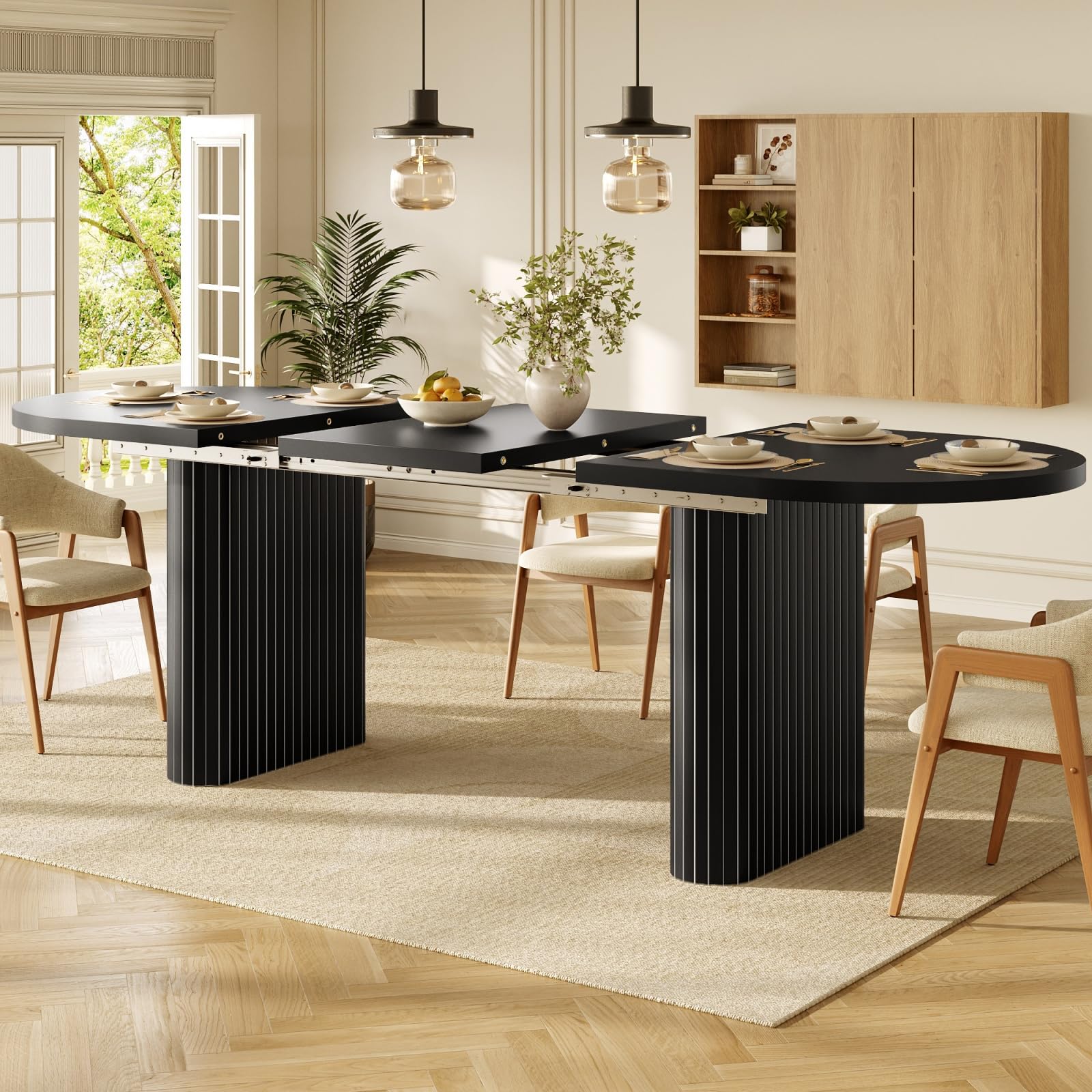 Tavolo da pranzo ovale moderno allungabile 120-160 cm per 4-6 persone, base in MDF nero con gambe ellittiche e angoli arrotondati, mobili eleganti per cucina e sala da pranzo