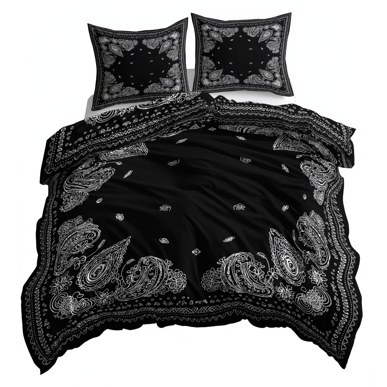 Schwarz Bettwäsche-Sets 155 x 220 cm, Paisley-Bordüre Wendebettwäsche Weiche Mikrofaser Allergiker 3 Teilig Bettbezug mit Reißverschluss, Bügelfrei Deckenbezug mit 2 Kissenbezüge 80x80 cm