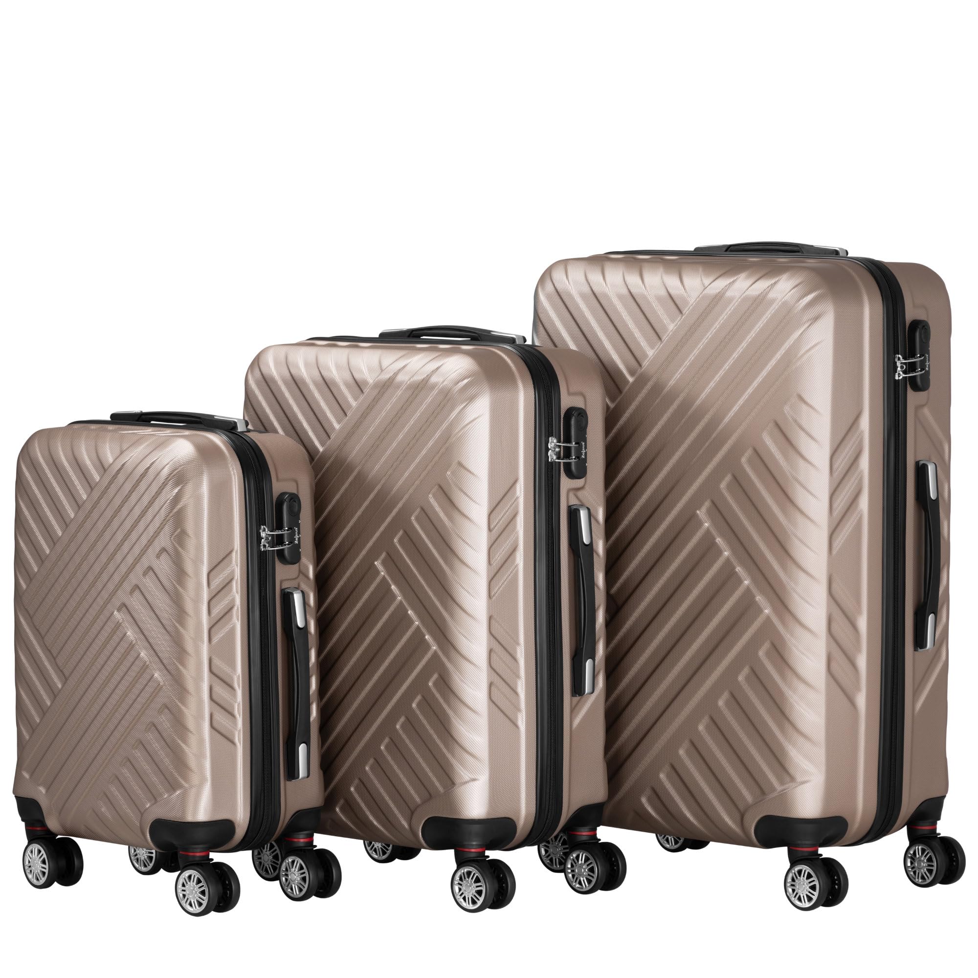 Zelsius Koffer Set 3 Stück, Champagner | ABS Hartschalenkoffer mit Zahlenschloss, Doppelrollen und Innen Trennwand | Handgepäckkoffer, Hartschalenkoffer Set 3 teilig, Trolley, Koffer Groß, Luggage Set