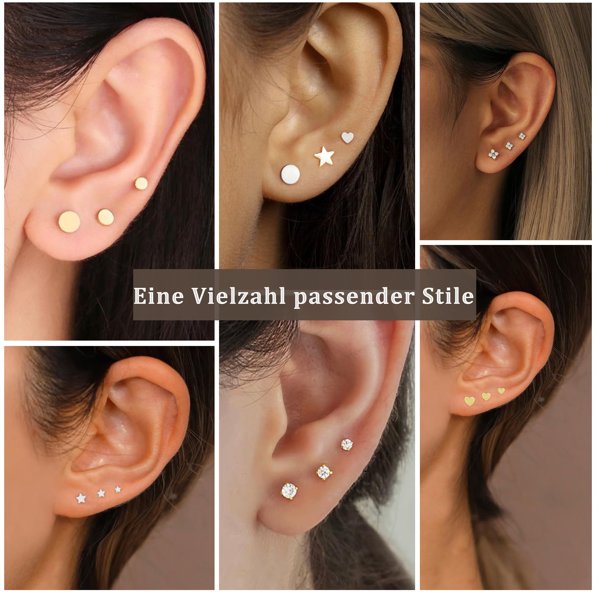 RAJPUTANA 3 Paia Di Piccoli Orecchini In Argento Sterling Per Signore Set Di Orecchini Ipoallergenici in Oro 14K Perno Delicati in Argento 925 Con stelle e Puntini a Cuore