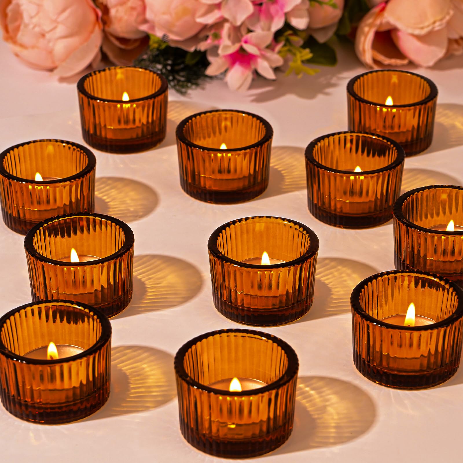 12PCS Tea Light Candle Holders Amber Tealight Holders, Ribbed Small Tea Light Holders Glass Candle Holder for Wedding Party Bridal Shower Table Centerpiece Home Decor