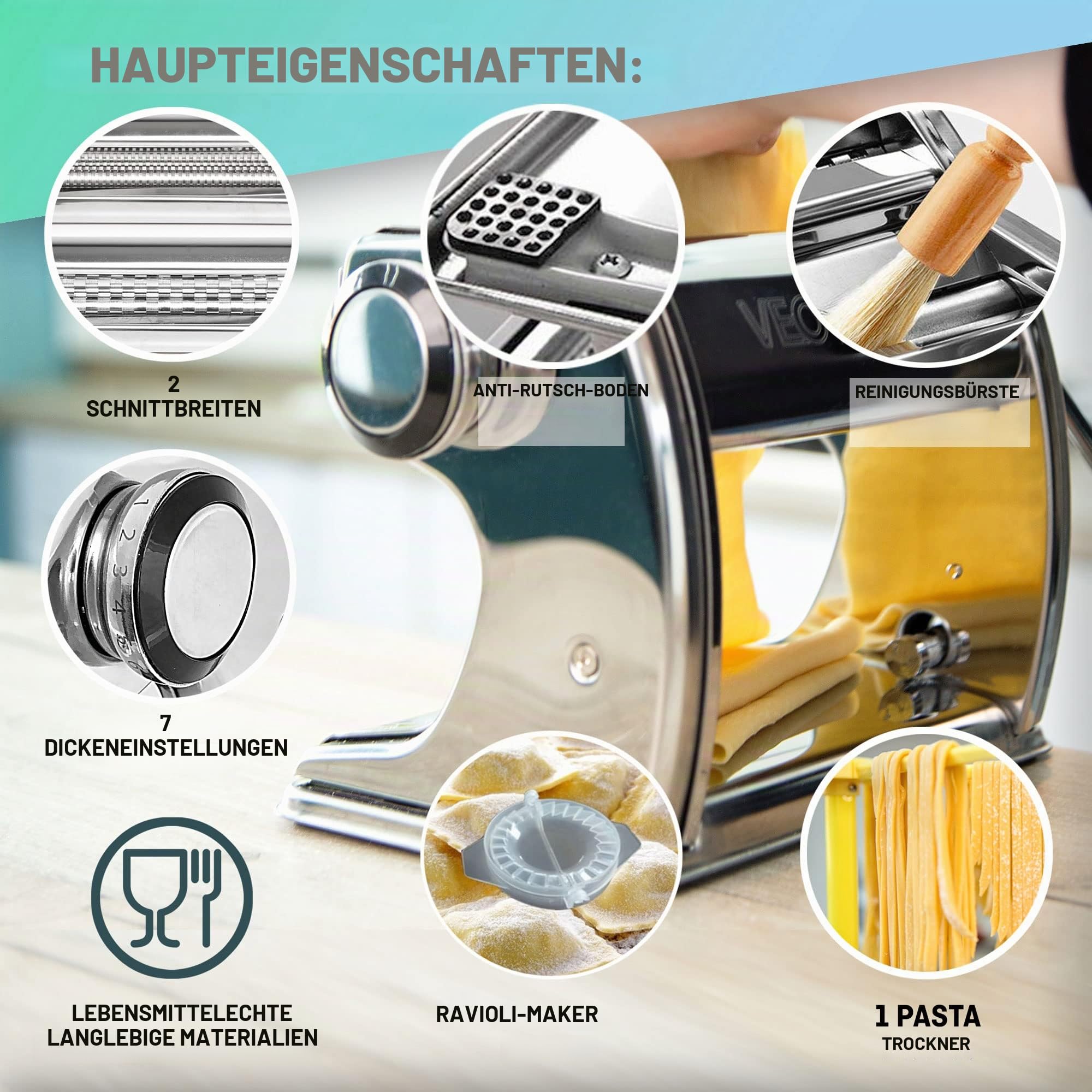 Manuelle Nudelmaschine mit Trockner - Multi-Pasta Edelstahl Rostfrei Italienische Flachteigmaschine 7 stufig einstellbar, scharfem Messer Klemme - Frische hausgemachte Nudeln, Spaghetti, Lasagne