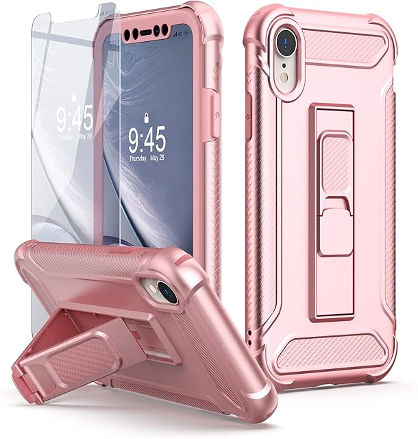 ORETECH Designed for iPhone XR Case,and [2 x Tempered Glass Screen Protectors] [Heavy Duty Protection] [Kickstand & Phone Holder] 5 in 1 Full Body Shockproof Protective Cover for iPhone Xr - Rose Gold