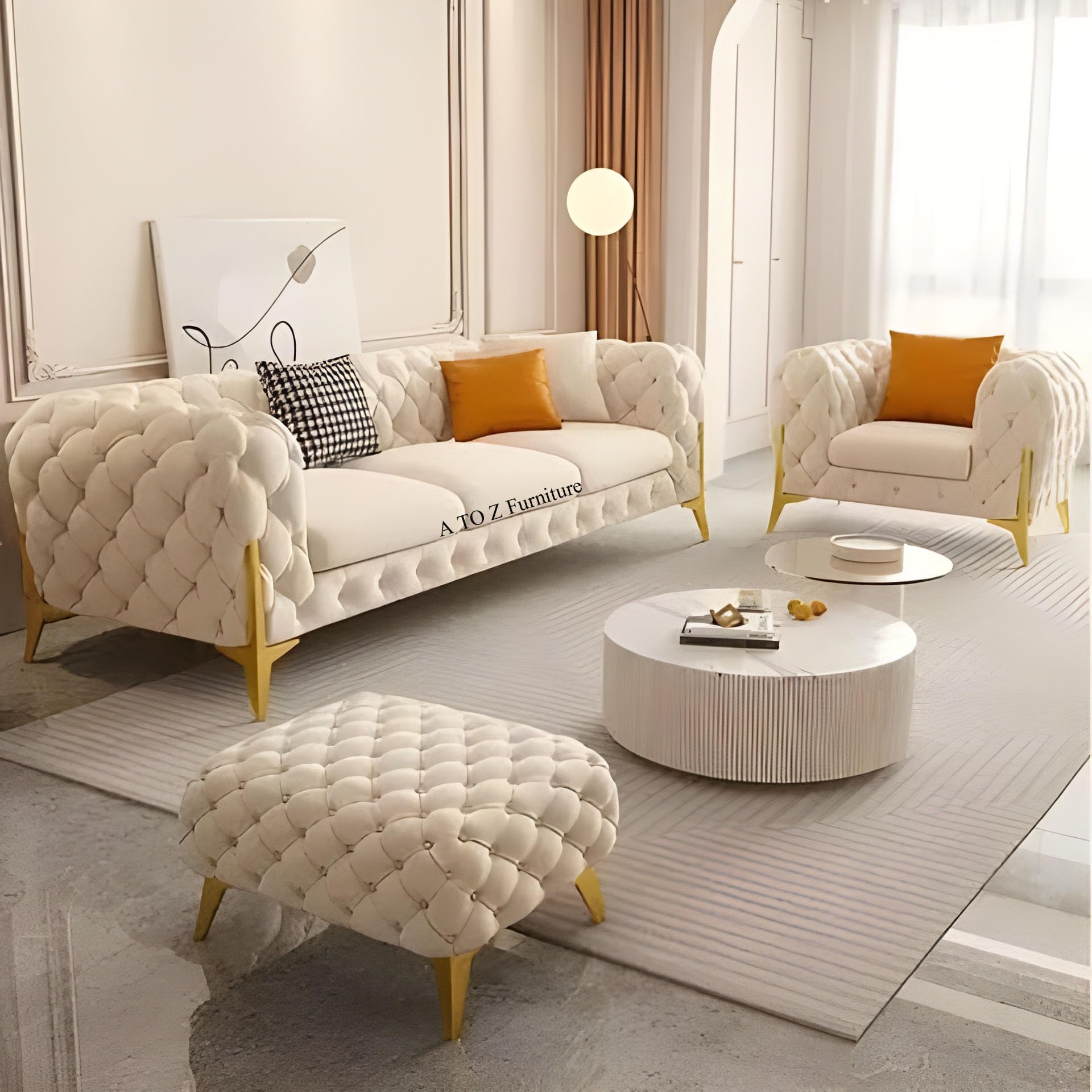 A to Z Furniture Modern Classic Fabric & Valvet Tufted Chesterfield Sofa Living Room and Office (3+1= 4 Seater Sofa Set with Footrest Beige)-picture-20