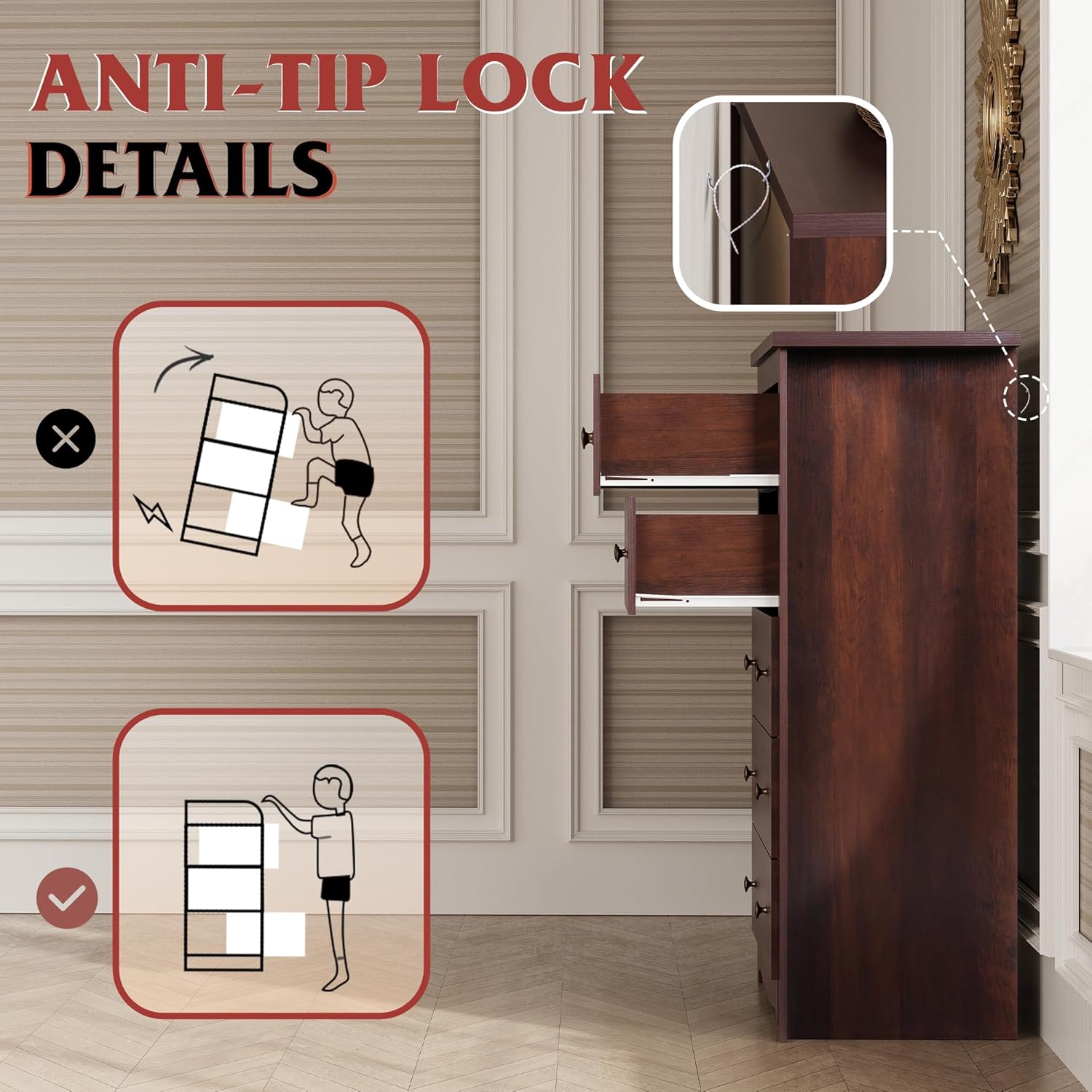 Diagram illustrating the correct and incorrect ways to secure the dresser to a wall using an anti-tip lock.