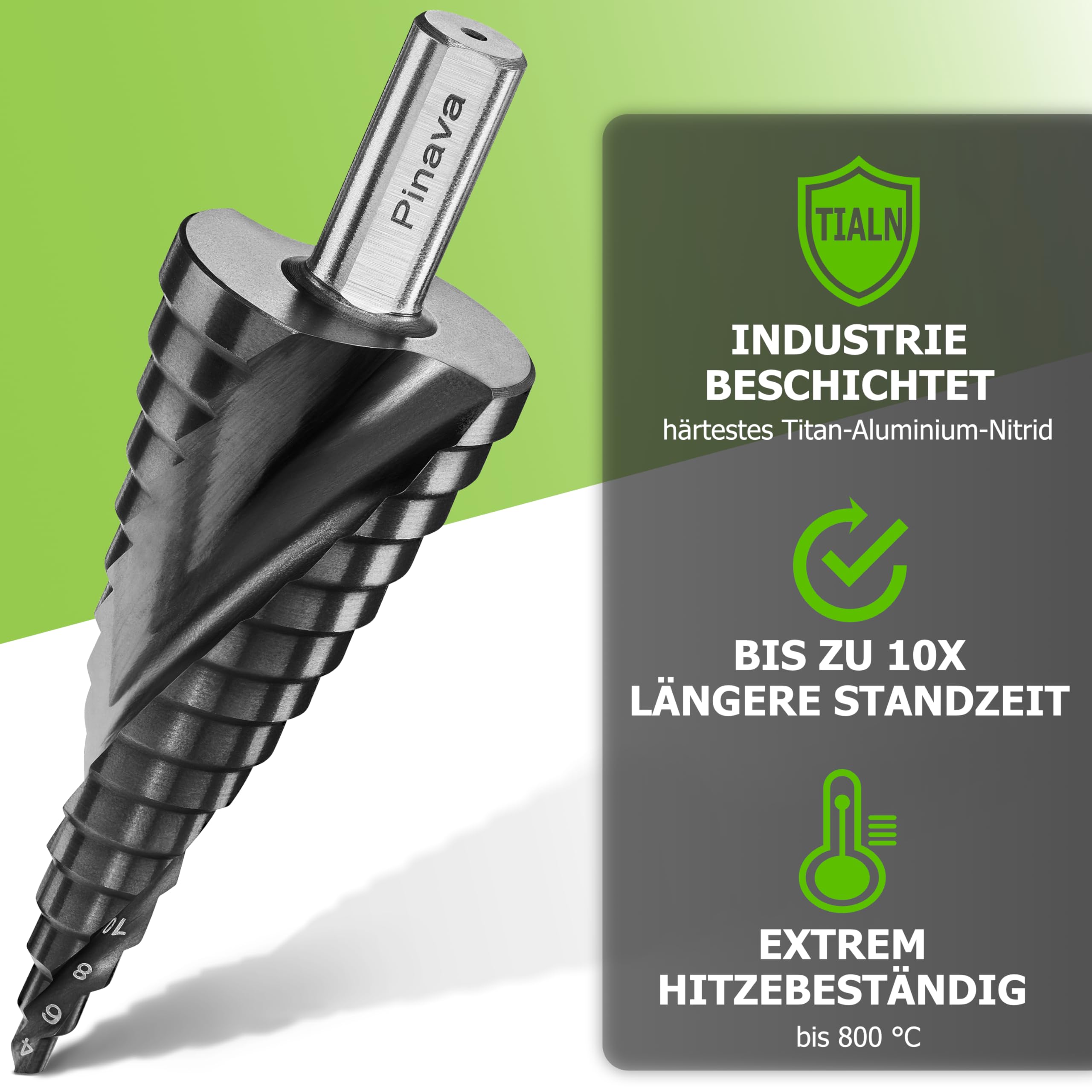 Pinava® Stufenbohrer HSS Cobalt Pro TiAIN [Extra Langlebig & Hitzebeständig] - Profi Kegelbohrer für Edelstahl, Metall, Holz, Kunststoff - Blech-Schälbohrer Extrem Scharf Ø4-32mm Edelstahlbohrer