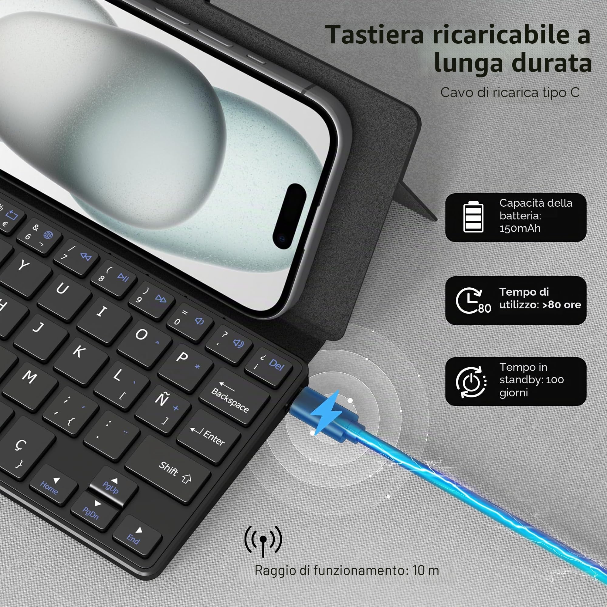 CACOE Tastiera Bluetooth Supporto, Mini Tastiera per Telefono Cellulare, Tastiera Ultra Sottile Portatile, Pieghevole, a Doppio Canale con Supporto per Smartphone e Altro iOS Android Windows