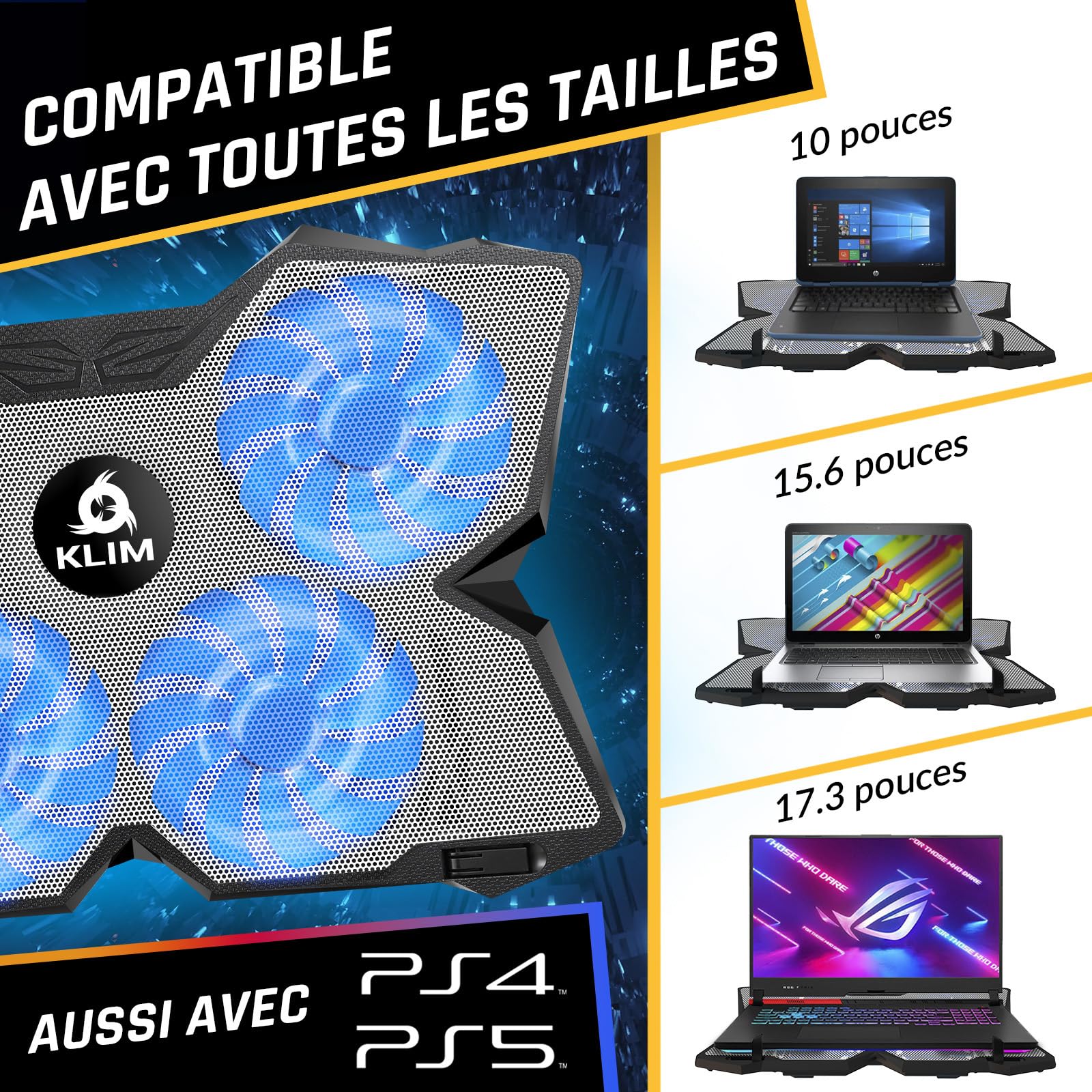 KLIM Wind - Refroidisseur Ordinateur Portable - Plus de 500 000 unités vendues - Nouveauté - Le Plus Puissant - 4 Ventilateurs Silencieux - Refroidisseur PC Portable PS5, PS4 - Blanc et Bleu
