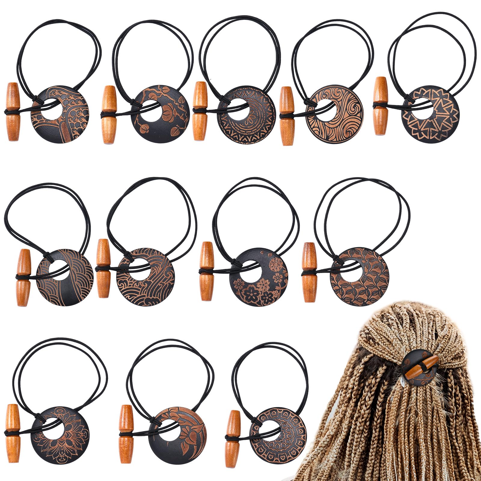 Hotop 12 Pcs Dreadlock Hair Tie Elastic Hair Tie Extra Long Rubber Band for Thick and Dreadlock 8cm in Diameter Dreads Ponytail Holders Loc Accessories Wood Carving Bands for Men Women Girls