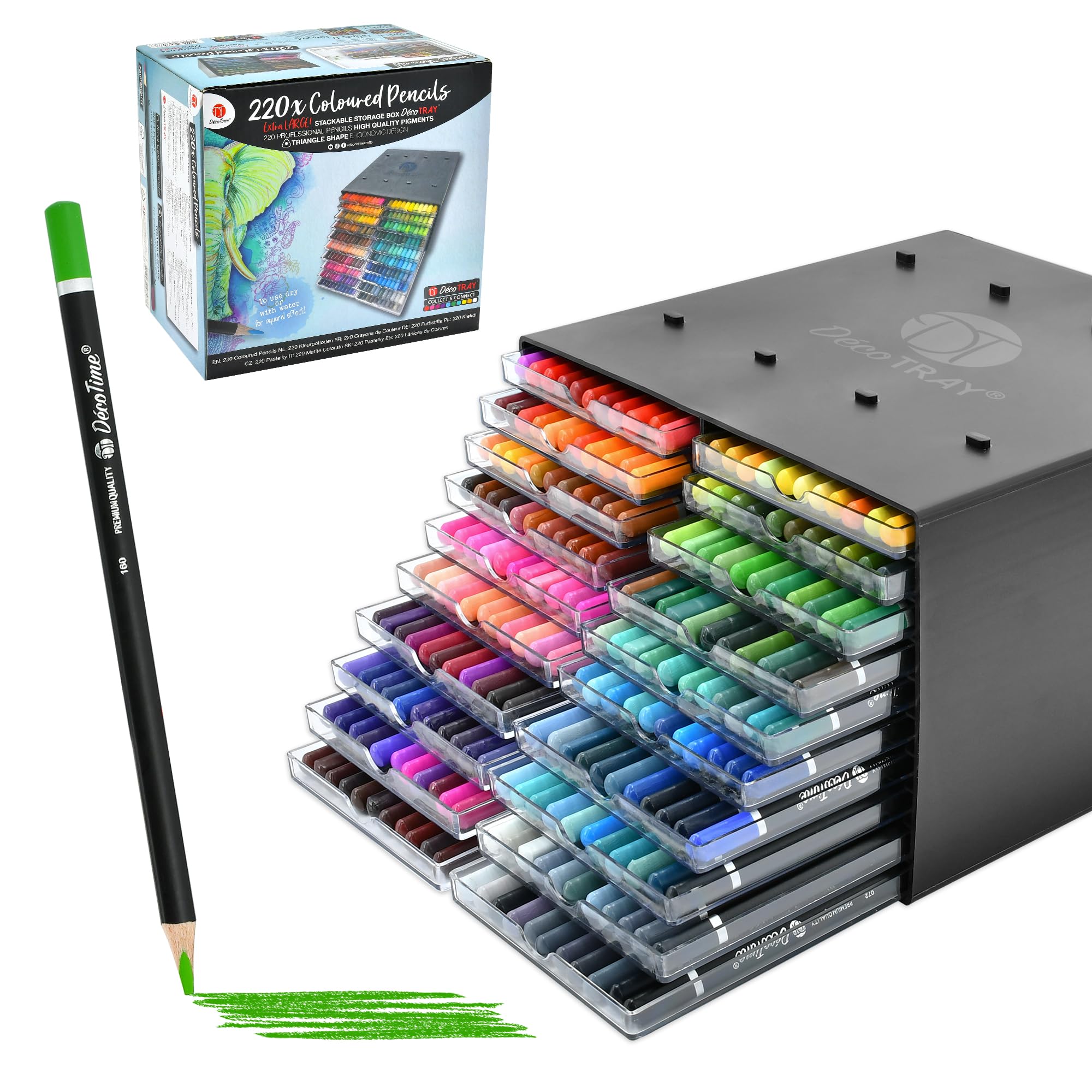Deco Time Coloured Pencil Set including Unique Stackable Storage Tray, 220 Artist Pencils, Vibrant Shades