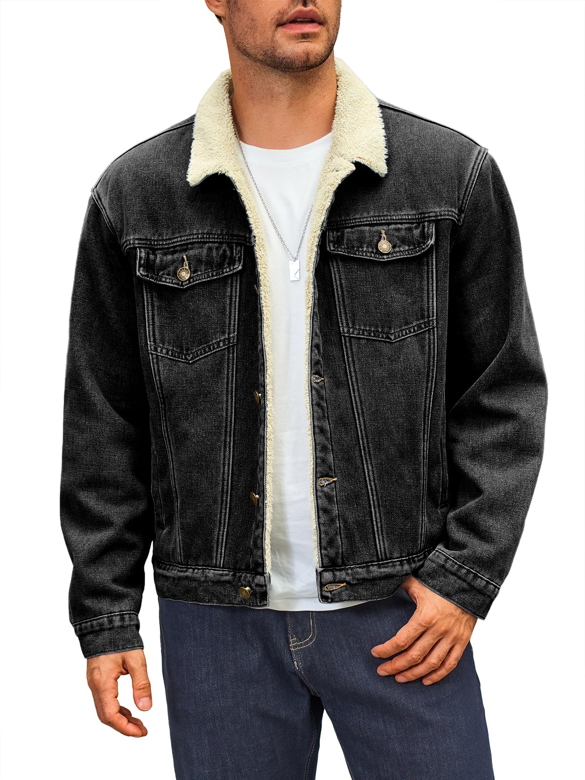 Runcati Herren Jeansjacke Fleece Denim Trucker Jacke Vintage Freizeit Übergangsjacke Warm Flauschig Winter Outdoor Jacken mit Knopfleiste