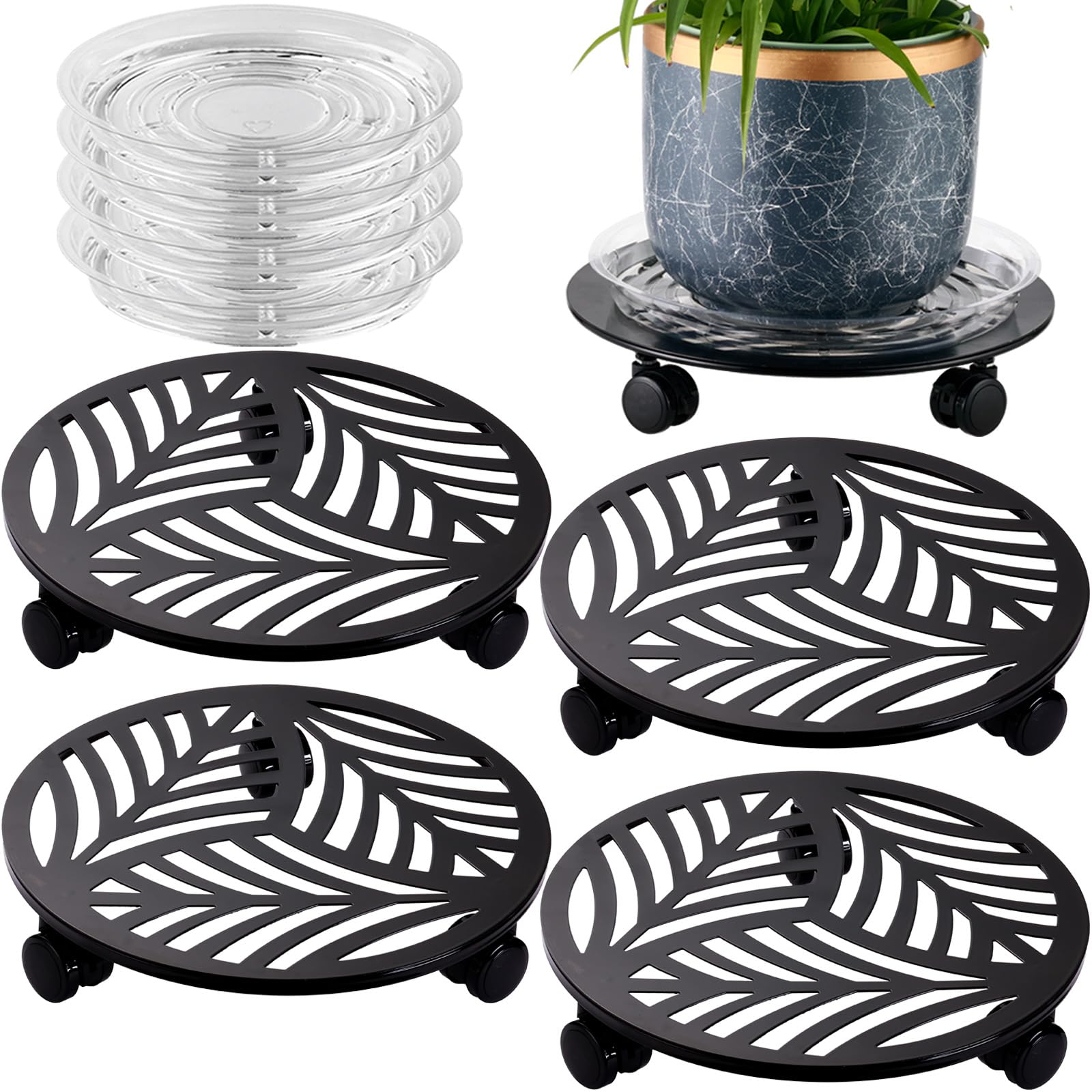 4 Packs Large Metal Plant Caddy with 3 PU Wheels 12" Heavy-duty Wrought Iron Rolling Plant Stands Indoor Outdoor Wheeled Plant Dolly Planter Mover