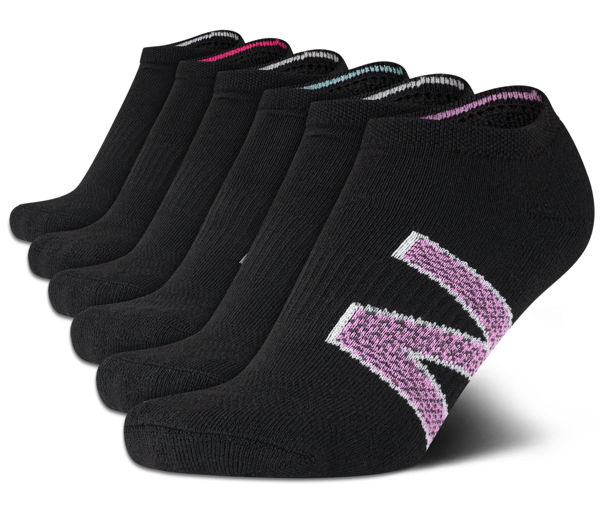 New Balance Women's Low Cut Socks - 6 Pack Breathable Moisture Control Comfort Stretch No Show Socks for Women (Sizes: 4-10), Size 4-10, Black Pink Logo