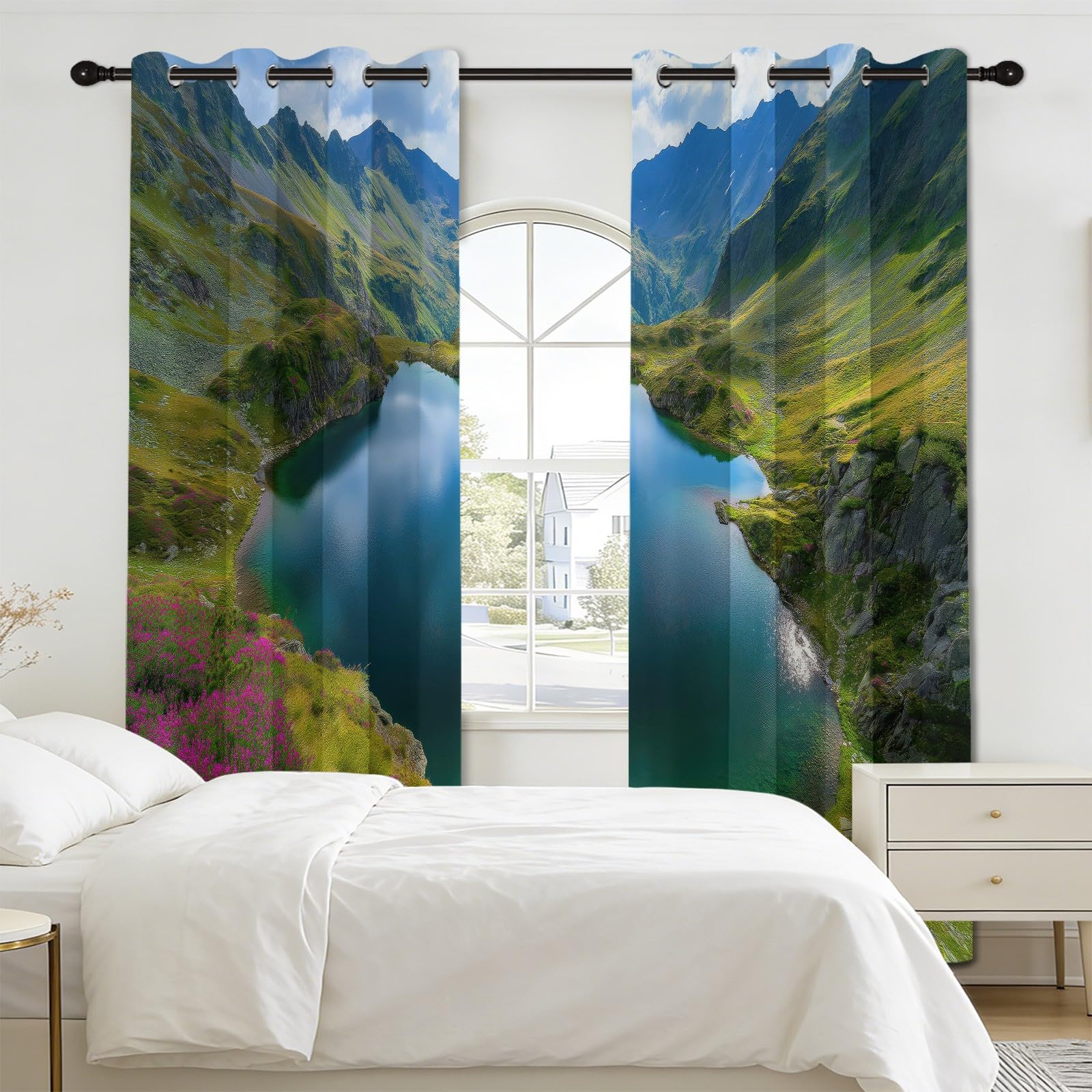 Zasłony zaciemniające Fotografia Łąka 140 l x 160 cm, wzór górskiego jeziora, dekoracja okienna do salonu i sypialni, izolacja termiczna, 2 panele