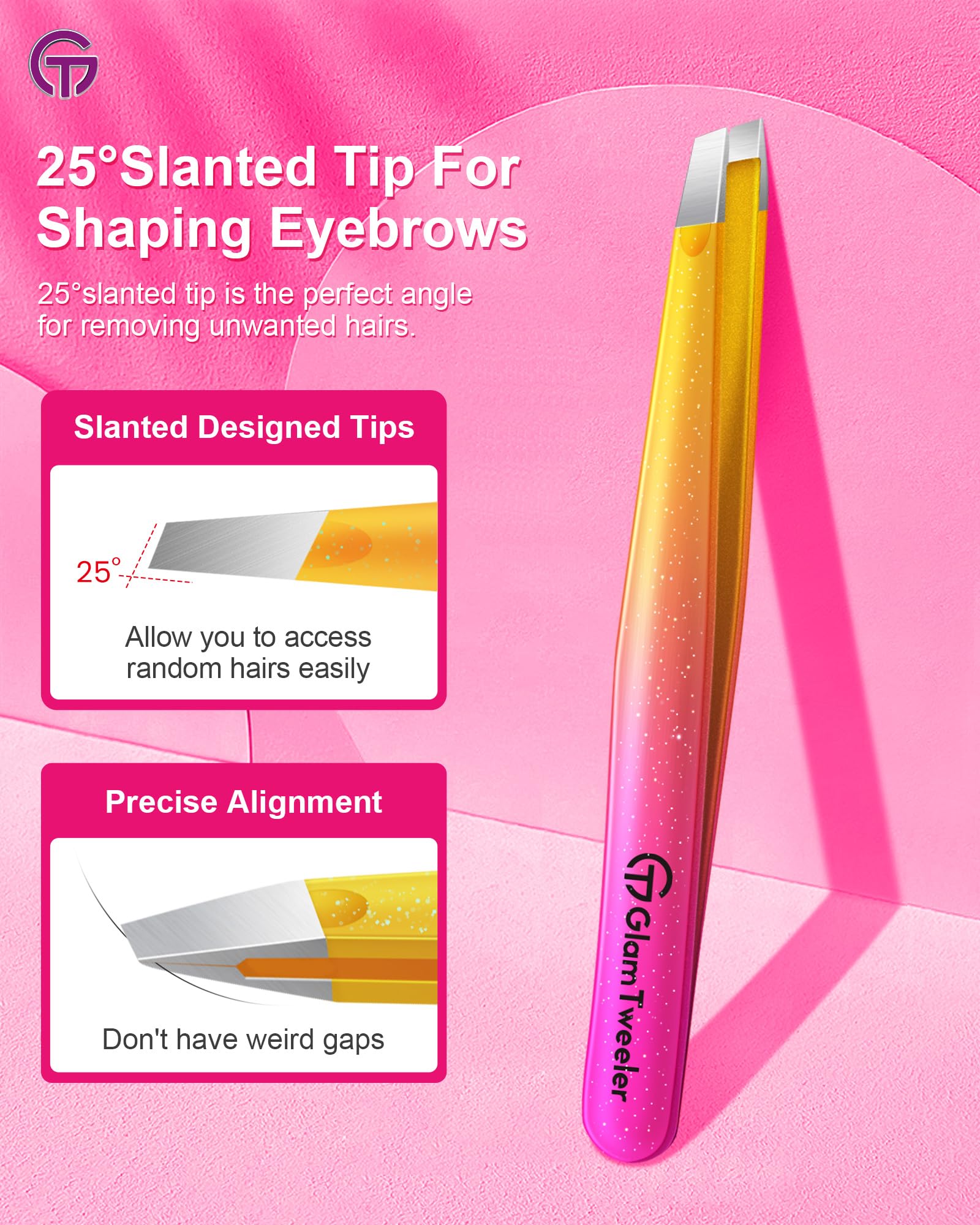 GlamTweeler Expert - Pinzas de depilación de cejas con funda de cuero, punta inclinada de alta precisión, pinzas de acero inoxidable para hombres y mujeres (fucsia brillante y amarillo)