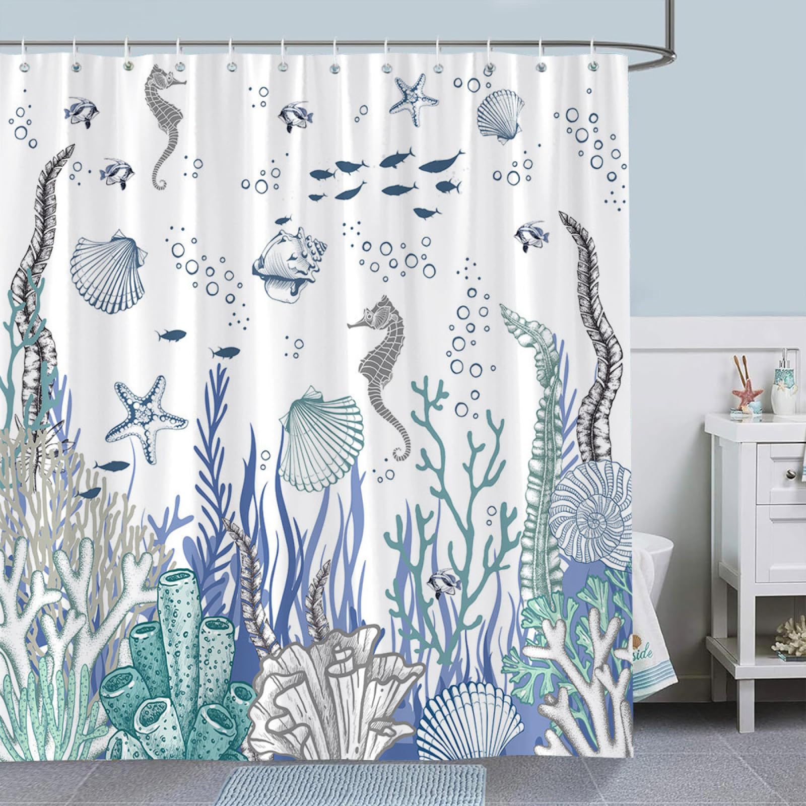 Shower Curtains Blue Marine Animals Wet Room Shower Curtain Mould Proof Resistant Waterproof Polyster Fabric Washable with 12 Hooks Garden Bathroom Curtains (180x180cm)