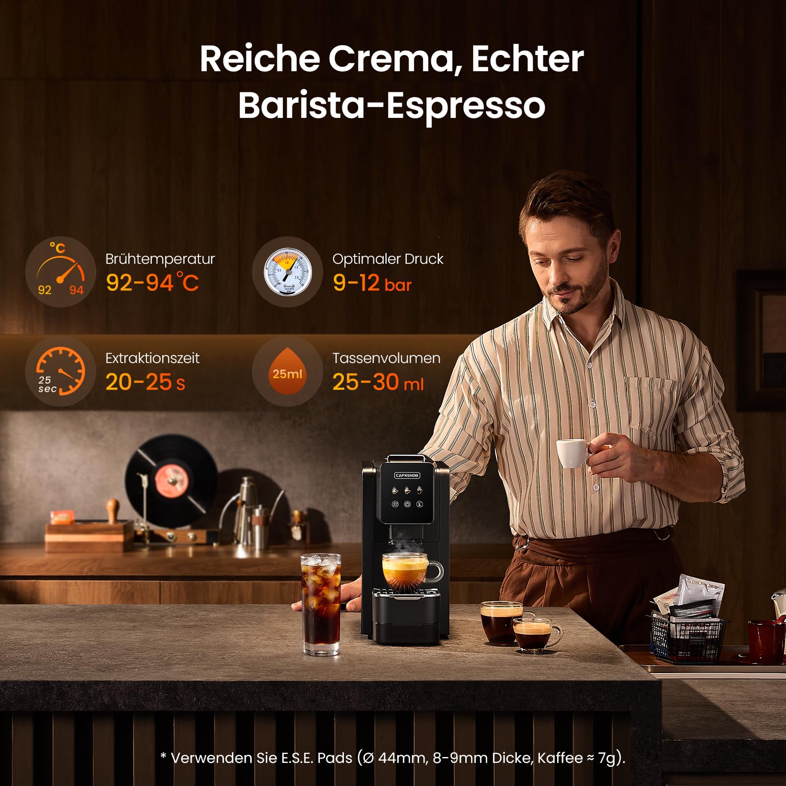 Casabar1 Kaffeepadmaschine für 44mm E.S.E. Pads, Touchscreen, 4 Getränke | 19 Bar Italienische Pumpe, Pre-Infusion, Einstellbare Temp. & Menge, Americano-Bypass, Espressomaschine für Zuhause & Büro
