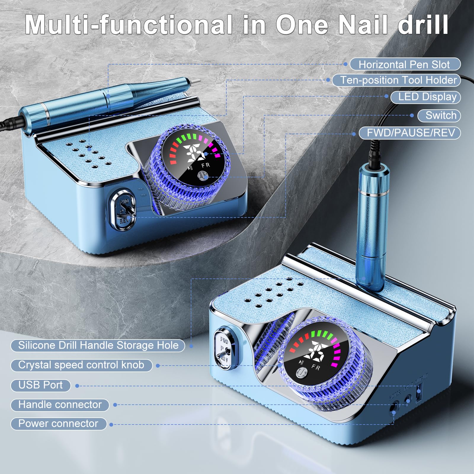 Taladro de uñas eléctrico portátil para uñas acrílicas (azul claro)