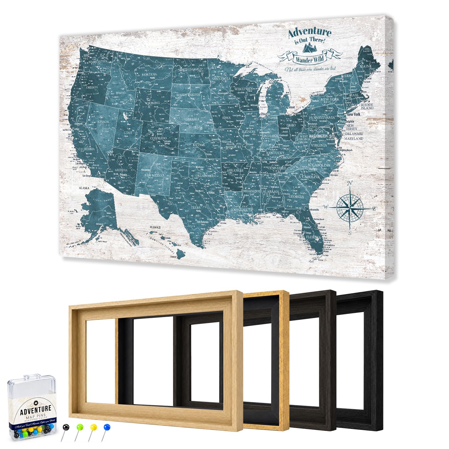 IPIC Personalized Vintage Teal Framed USA Map Pin Board, Size 42x28 in