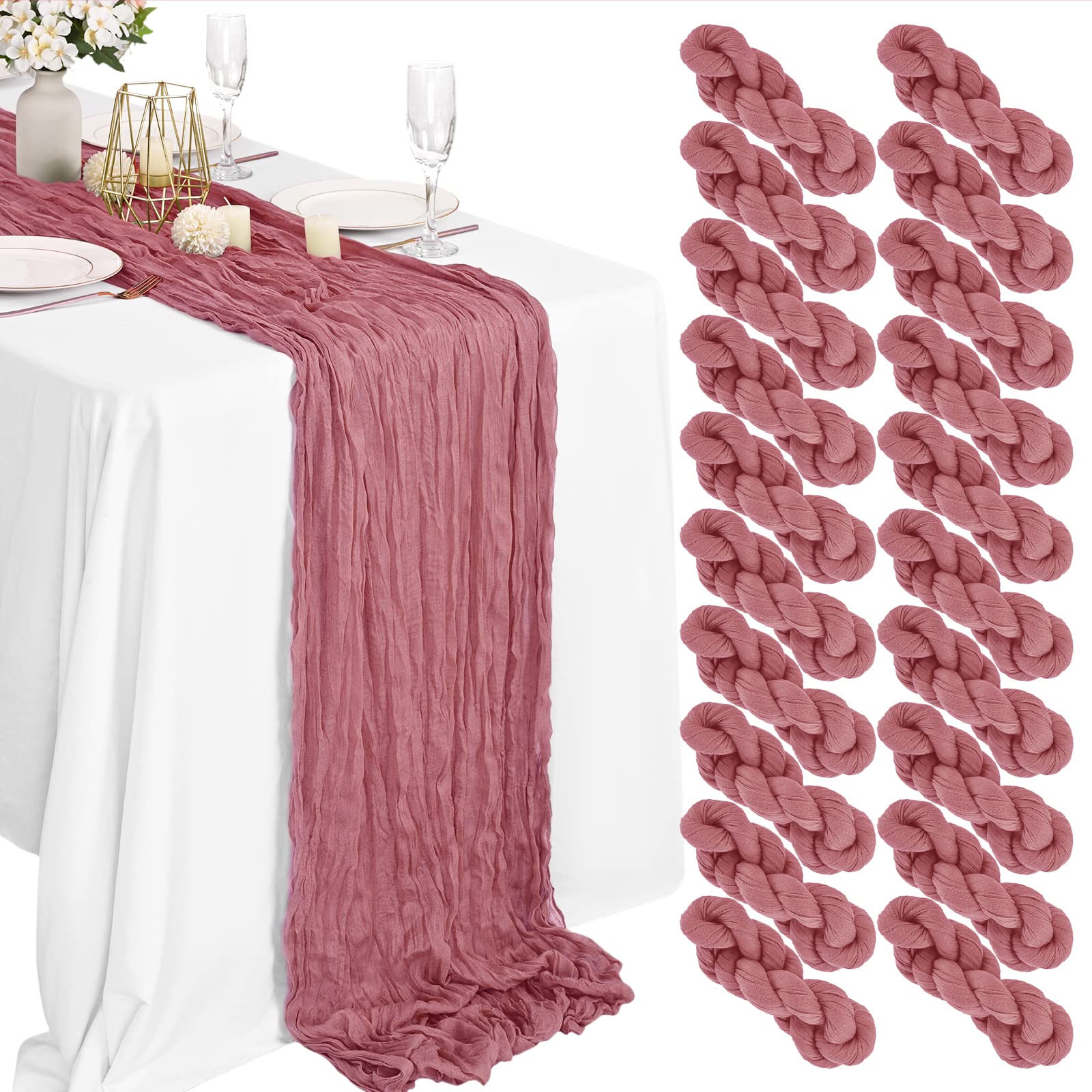 20 paquetes de camino de mesa de gasa rústica, estilo bohemio, 10 pies x 35 pulgadas, camino de mesa de boda, decoración de mesa de boda, decoración de mesa para boda, fiesta, despedida de