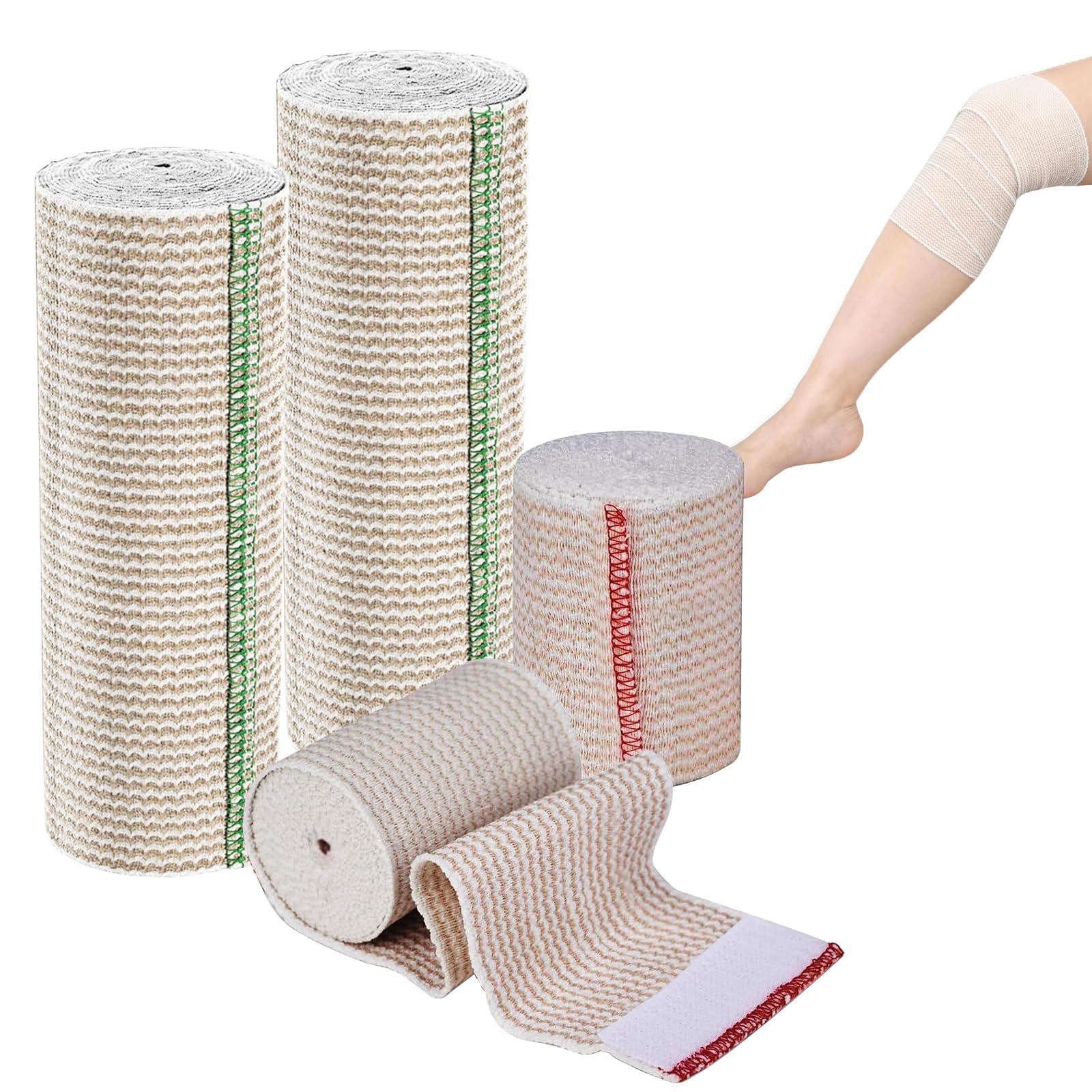4 Rollos Venda Elastica Premium con Velcro Adhesivo, Dos tamaños Vendas autoadhesivas Reutilizable Lavable, Vendaje de Compresión para Brazos, Piernas y Tobillo(7.5/15 cm x 4.5 m)