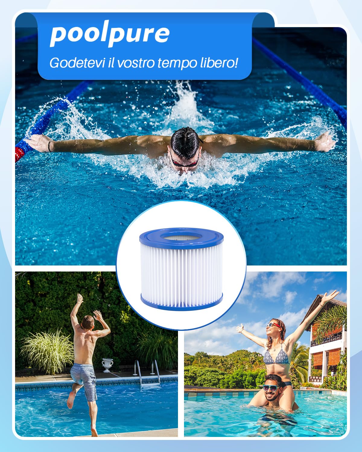 POOLPURE Filtro VI per piscina, cartucce filtro VI per Lay-Z-Spa Miami, Monaco, Vegas, filtro piscina sostituisce la cartuccia originale BW58323, filtro piscina VI Patrone (16 pezzi)