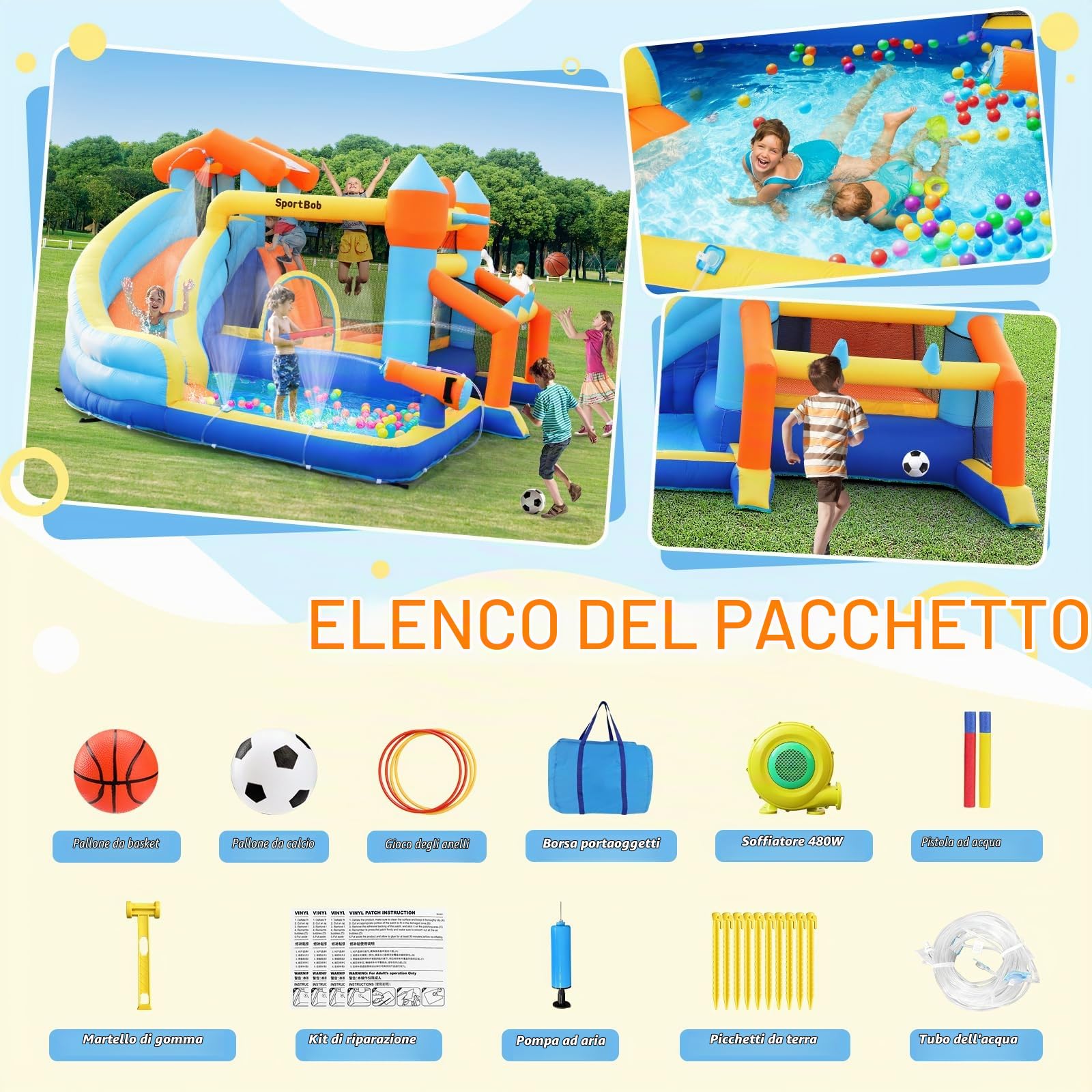 Gonfiabile per Bambini da Esterno e Interno, Castello Gonfiabile per Bambini con Scivolo Gonfiabile, Porta da Calcio, Cannone Acqua, Canestro Basket, Gioco degli Anelli per Giardino