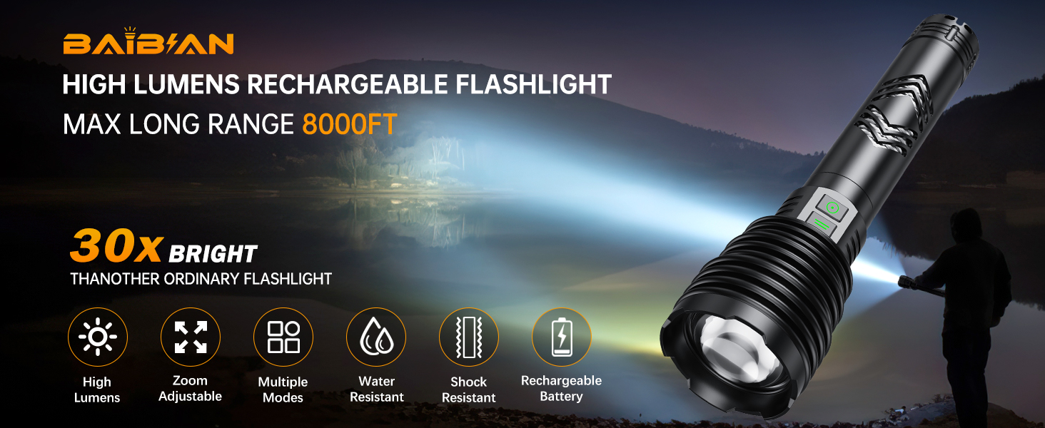 best long range rechargeable flashlight 2026 Wuben X1Pro 12300 Lumens EDC with Power Bank and in Low mode the light runs for up to 87 hours Rechargeable Flashlights 600,000 High Lumens,
