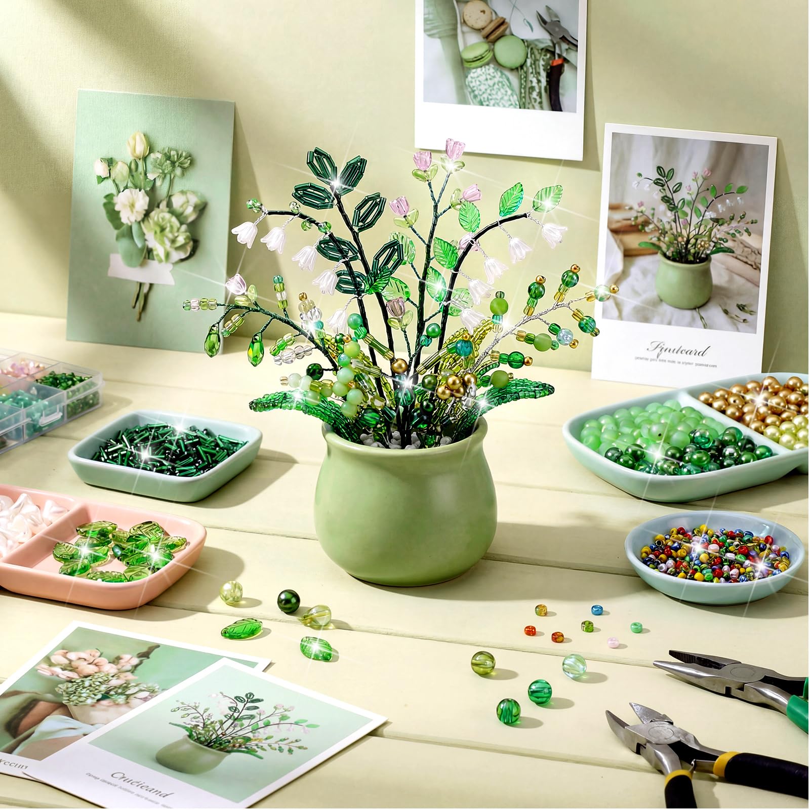 XunYee 8569-teiliges Perlen-Pflanzen-Set, grüne Glasperlen für die Pflanzenherstellung, grüne Perlen, Perlen, Natur-Kristallglas-Blattperlen für Schmuckherstellung, Bastelset, Pflanzenliebhaber