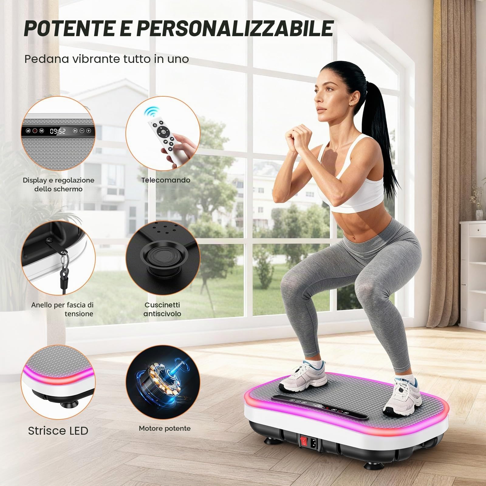 Pedana Vibrante, Pedana Vibrante Dimagrante con Banda di Resistenza, 9 Modalità Regolabili, 1-120 Livelli Di Intensità, Supporto Bluetooth, Telecomando, Schermo LED, Capacità di Carico 150KG