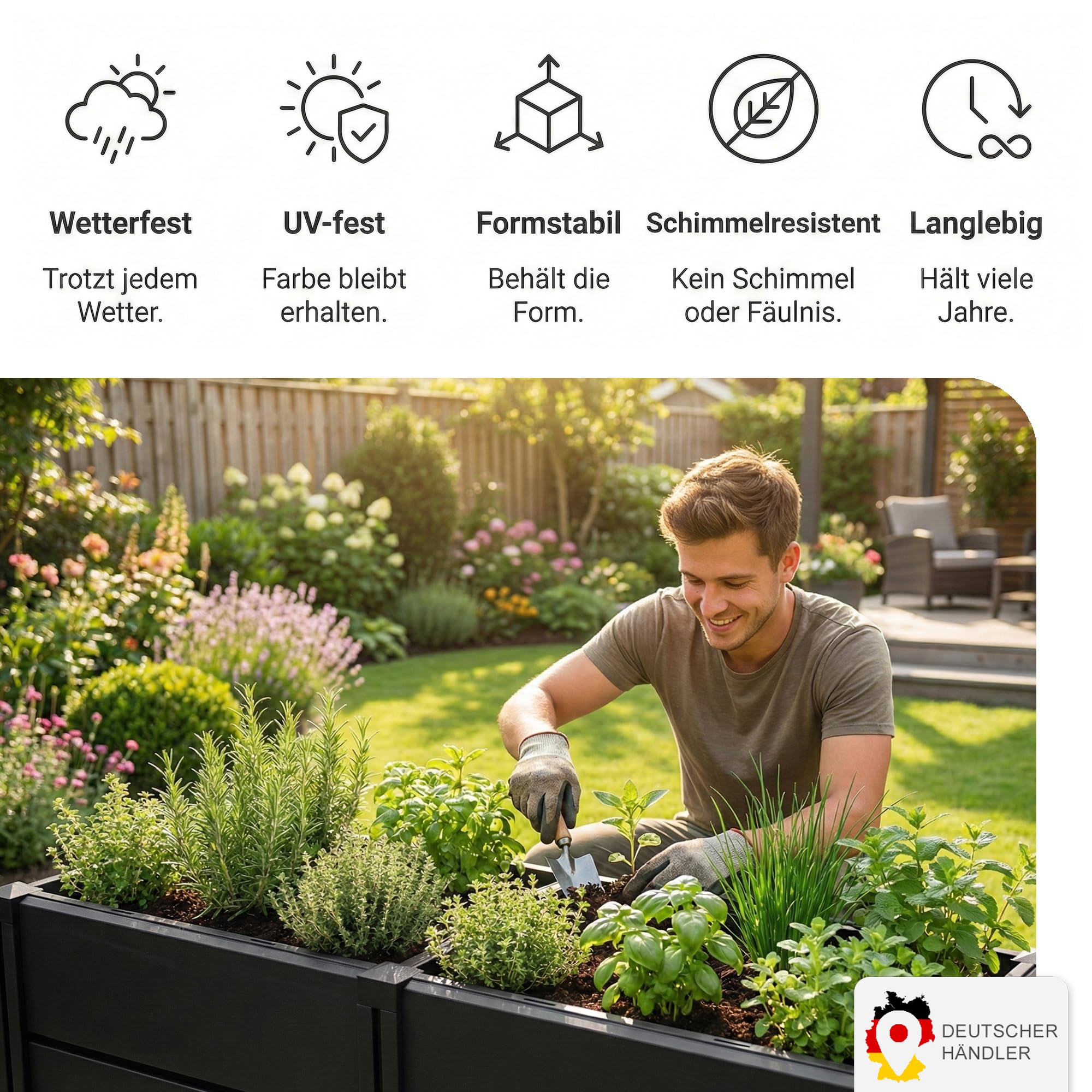 NYVI Hochbeet NYVIGreen M 82x82x61cm 336 Liter - Kunststoff Kräuterbeet für Garten, Terrasse, Balkon - Wetterfest, UV-resistent, Rostfrei, Langlebig - Einfache Steckmontage & Erweiterbarkeit
