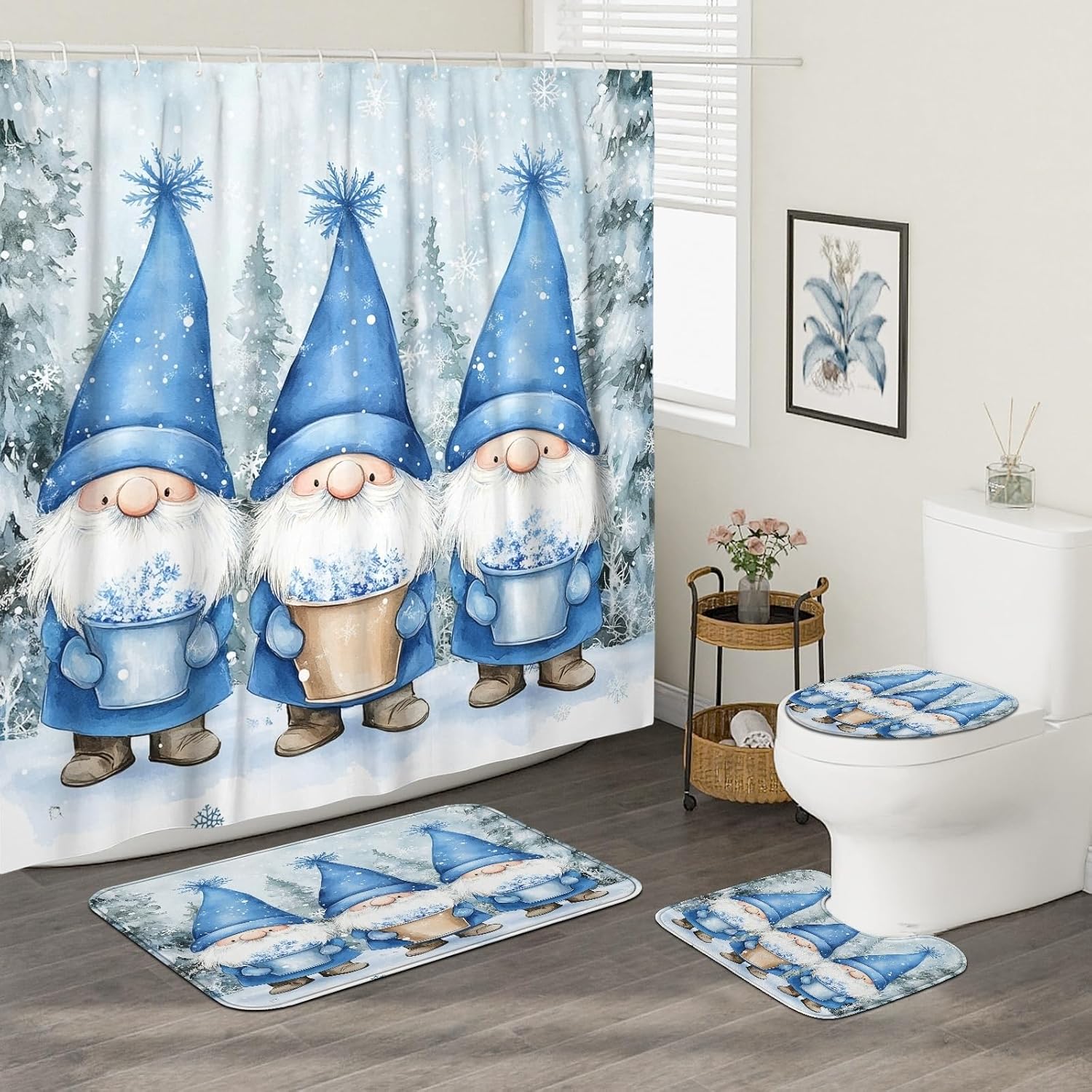 4PCS Winter Christmas Gnome Bathroom Sets, Bath Accessory with Non-Slip Rug, U Shape Toilet Lid Cover Mat, Snow Xmas Forest Scenic Bathroom Decor-72''x72''
