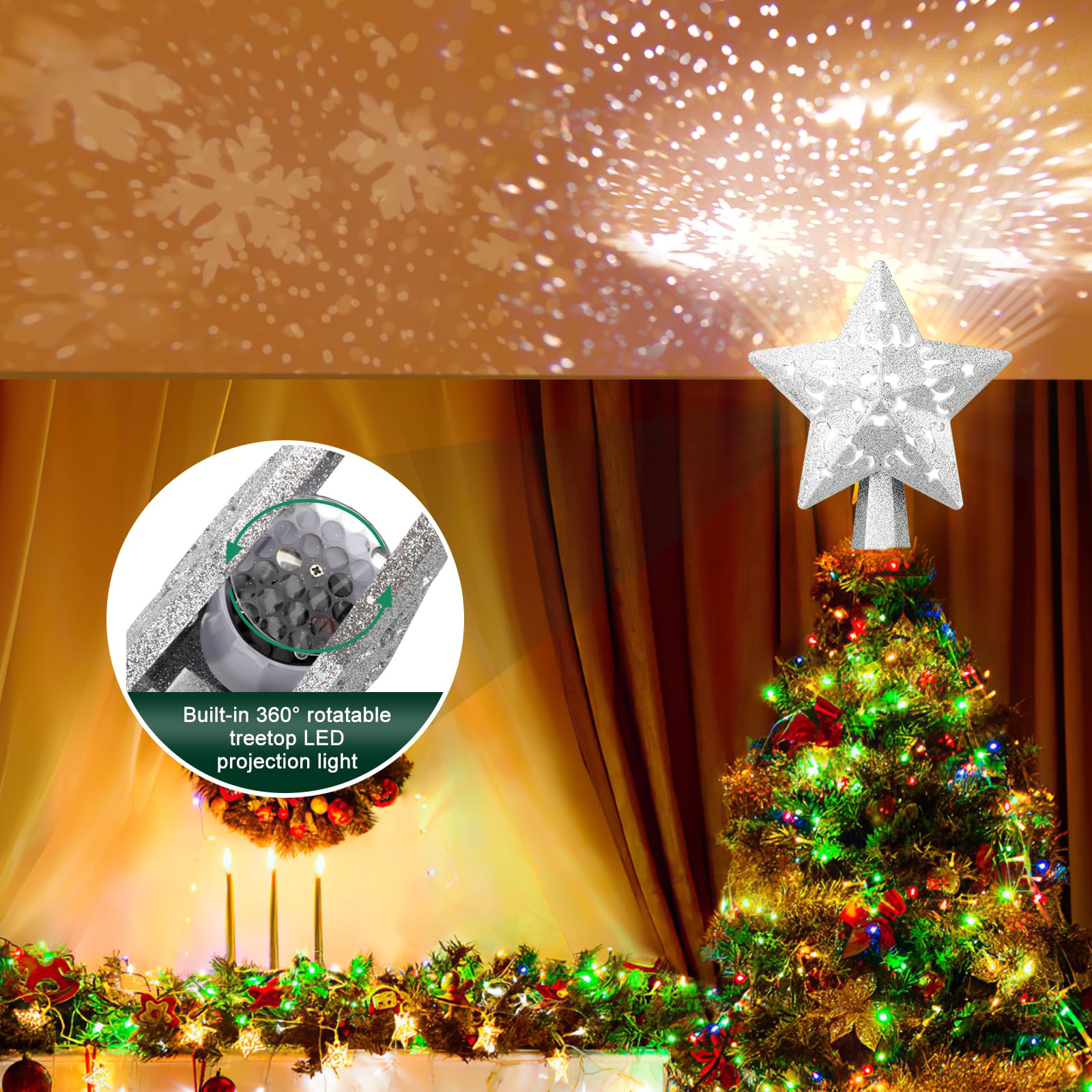 Proyector de decoración para árbol de Navidad, estrella LED iluminada, proyector de estrella plateada con purpurina con proyección de Navidad giratoria de copo de nieve para decoración de árbol de