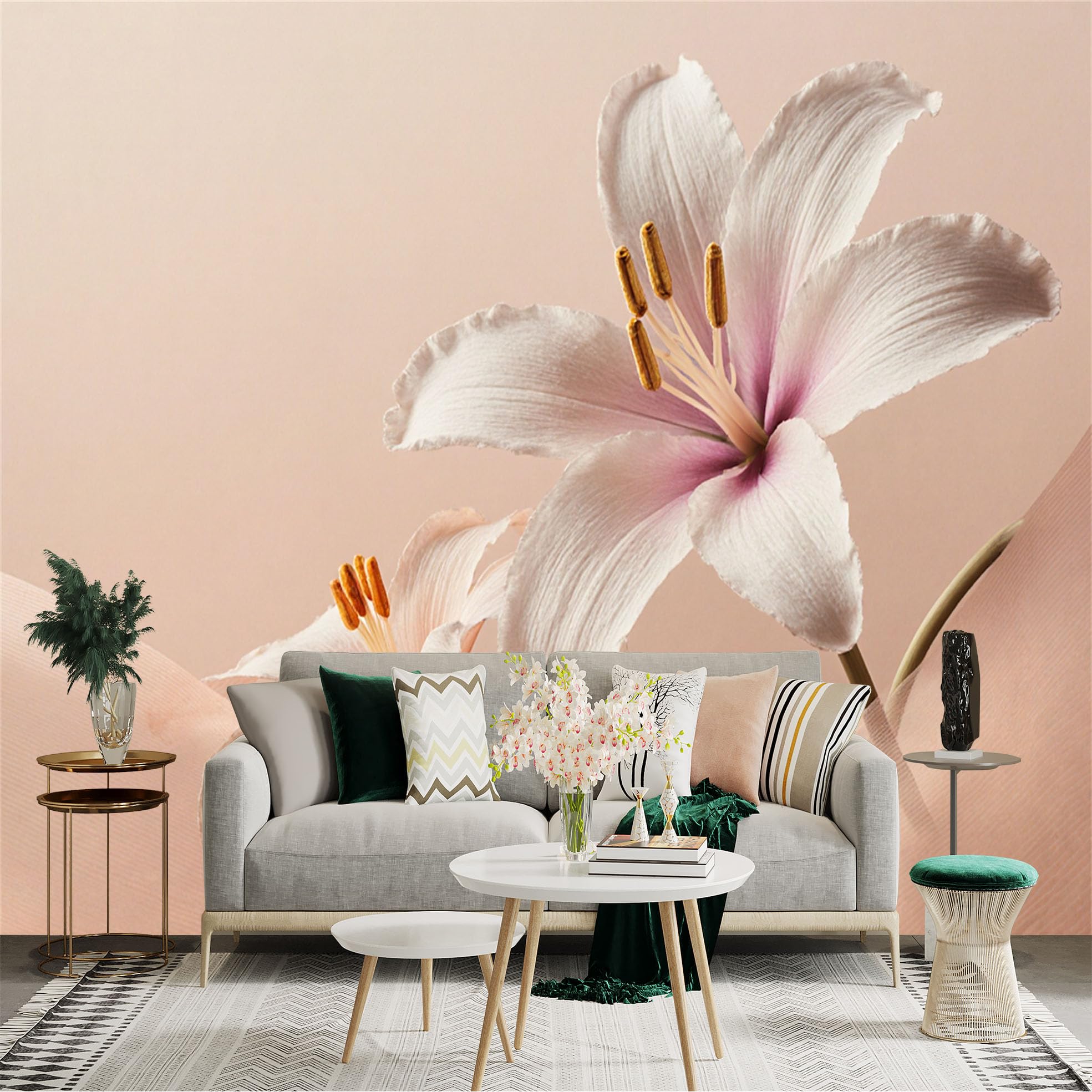 Custom Size Wall Sticker Mural， Elegant White Lily Flowers， Soft Pastel Background， Botanical Floral Art， for wall Decoration， peelandstick wall Decals.
