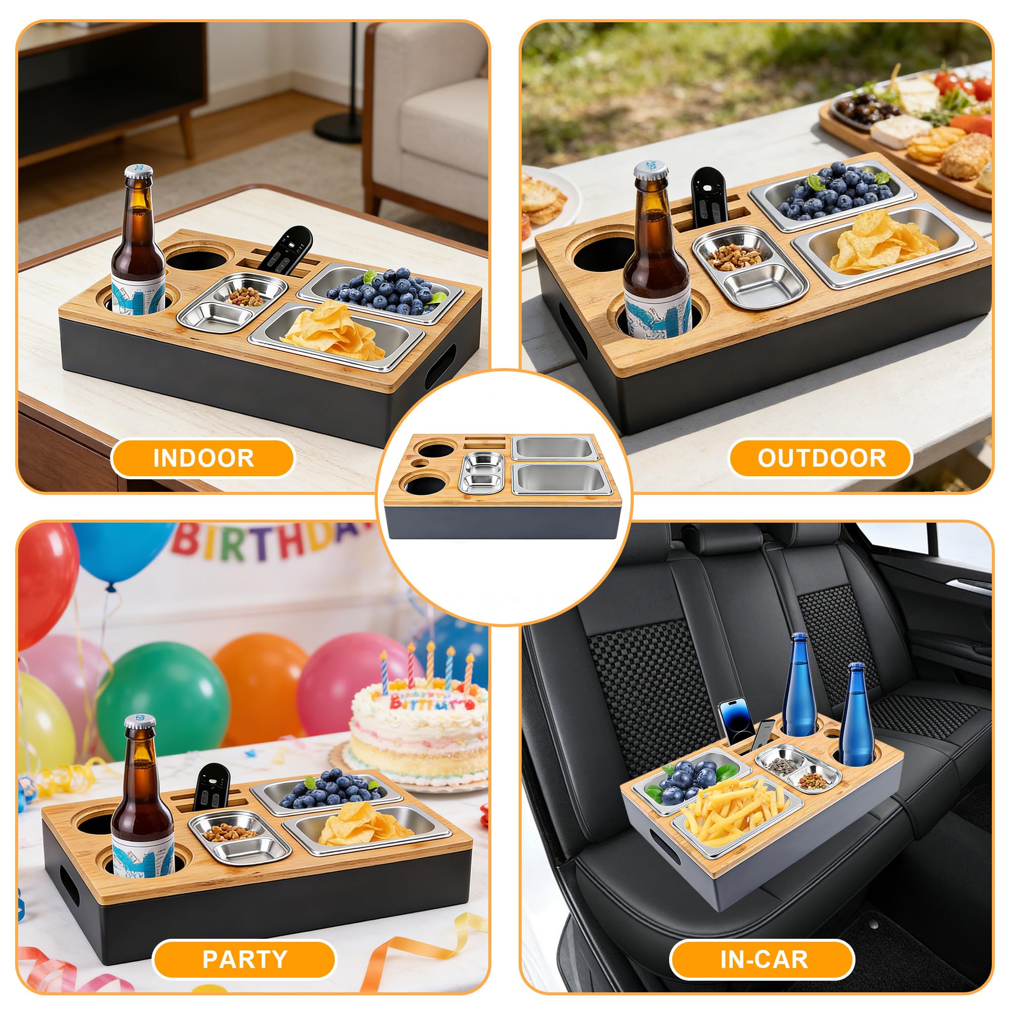 Couchbar Snackbox, Sofatablett Snackbox Mit Snackschalen Aus Edelstahl, Snackbox mit Fächern, Sofaablage für Wohnzimmer Schlafzimmer Camping Garten Picknickparty