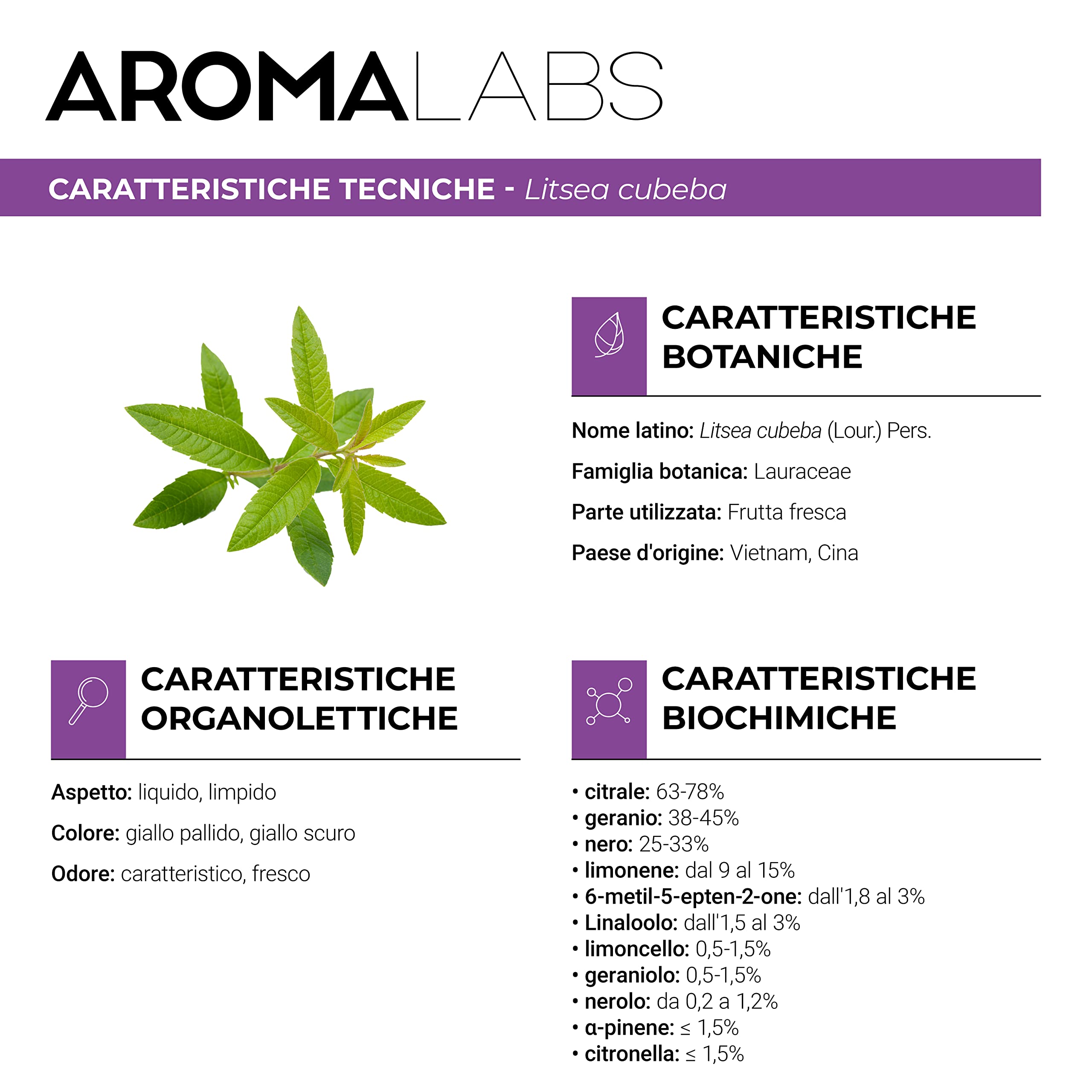 Verbena Esotica BIO (Litsea cubeba) - 30 mL - Olio Essenziale Chemiotipizzato e Certificato AB/Cosmos - Aroma Labs - Made in France