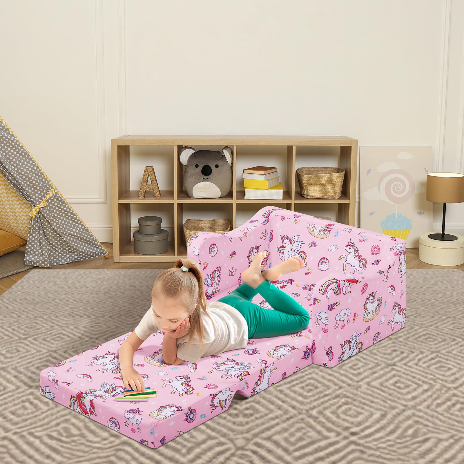 Convertible Canapé pour Enfants, Pliant Sofa Bed 2 en 1 pour Filles et Garçons, Petit Canapé Lit Stable pour Chambre Coin Lecture Salon,Rose Licornes Bonbons