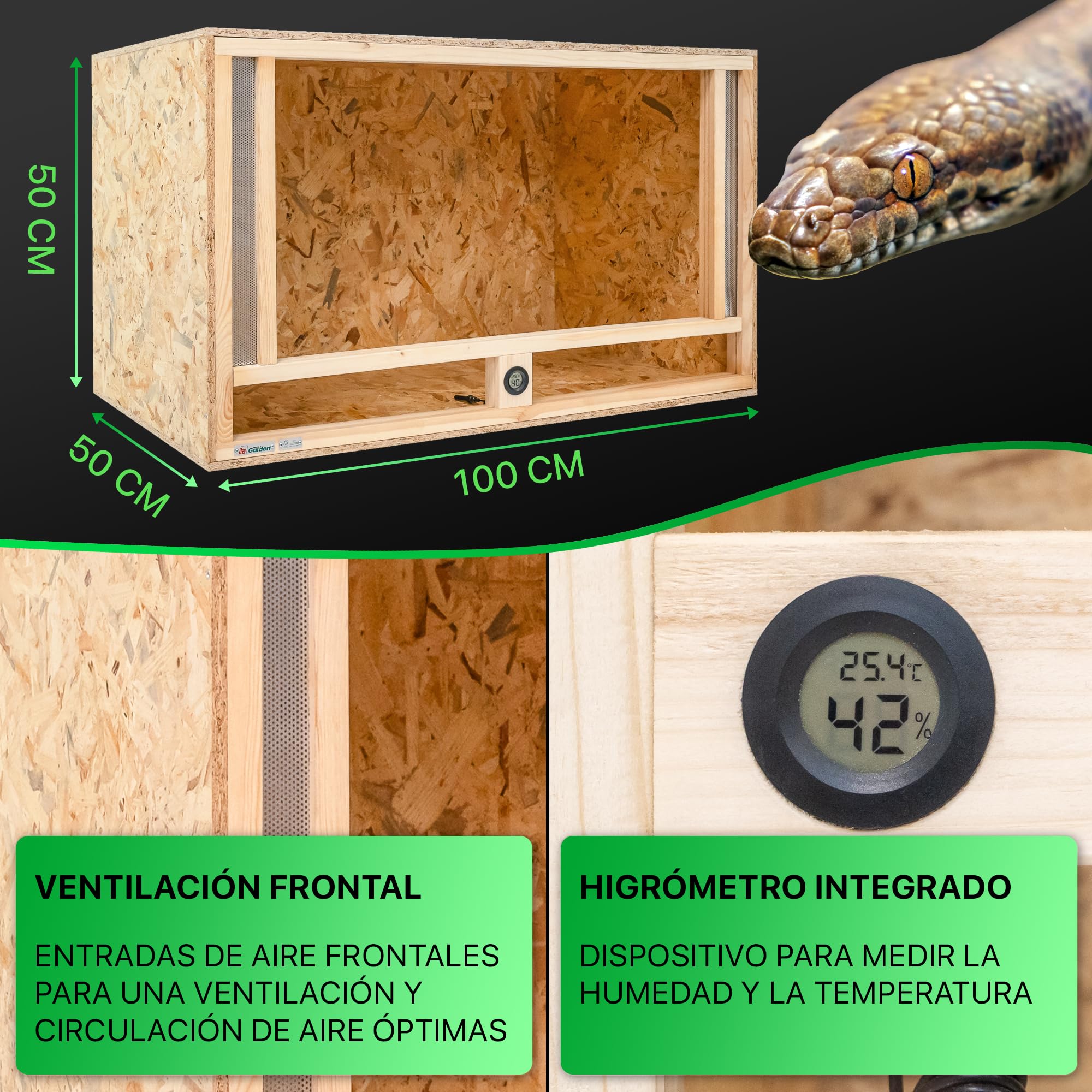 ITA Terrario de Madera 100x50x50 cm con ventilación Frontal e higrómetro Integrado - Terrarios de OSB-3 - para Reptiles, Serpientes, Anfibios - Producto UE, Certificado FSC