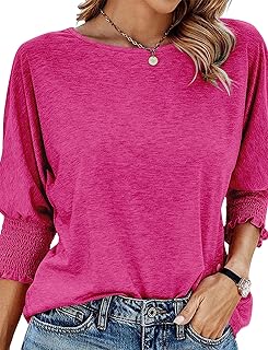 KISSMODA Womens 3/4 Sleeve Tops Ladies Bassic T-Shirts Crew Neck Cute Trendy Blouses Loose Fit Puff Sleeve Tunic Tees