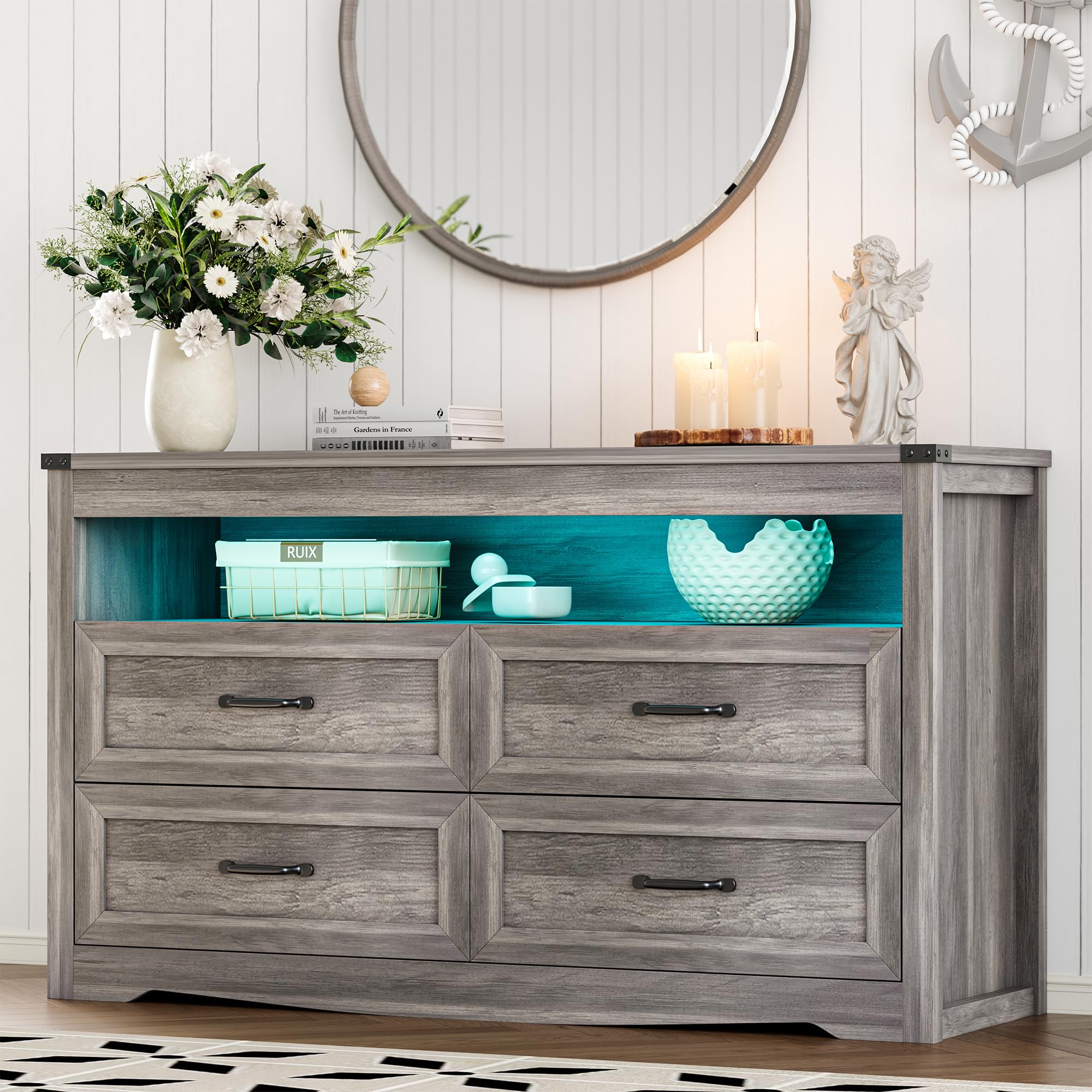 Fluted 4-Drawer Dresser With LED Lights & Charging Station - Modern Farmhouse Nightstand, Natural Oak