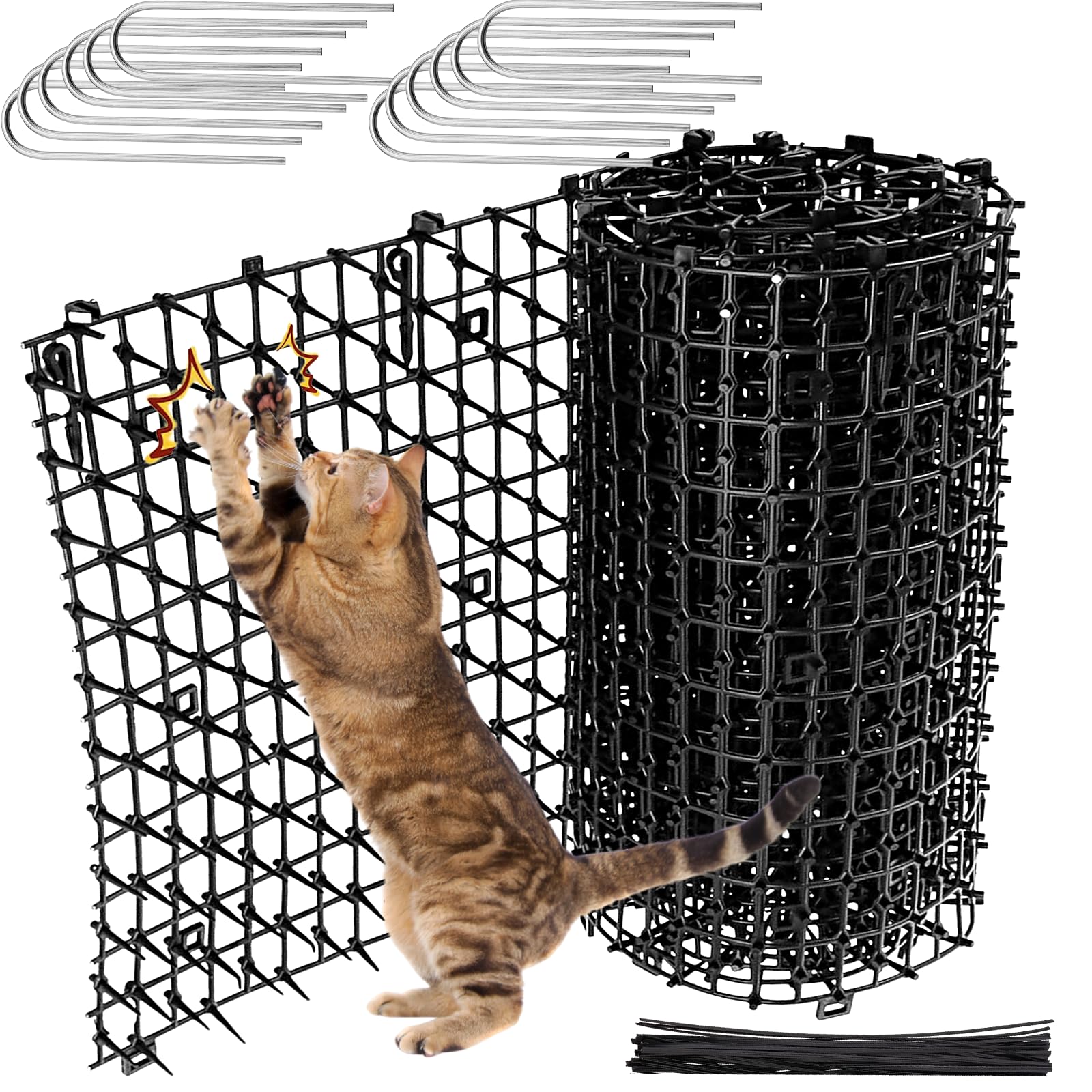 Tappeto Anti Gatto con Punte 30 x 400 cm, 12 Picchetti a U e 15 Fascette, Tappetino Repellente Gatti Dissuasore Barriera per Giardino, Balcone, Piante, Auto e Divano