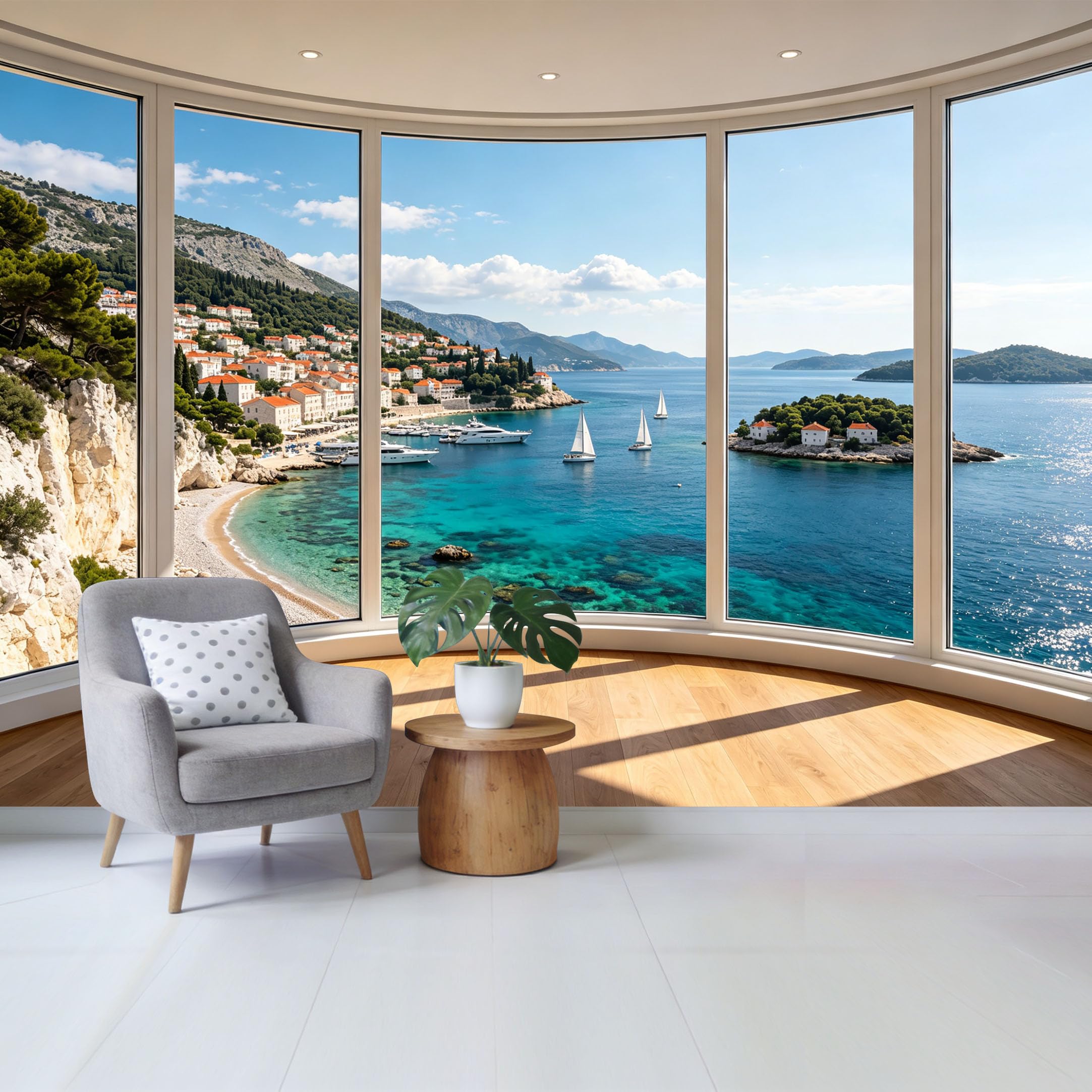 Removable Self Adhesive Fabric Mural， Mediterranean Coastal Landscape Custom Size Wall Covering， UV Protected Waterproof Washable Wall Decor for Living Room Bedroom Bathroom