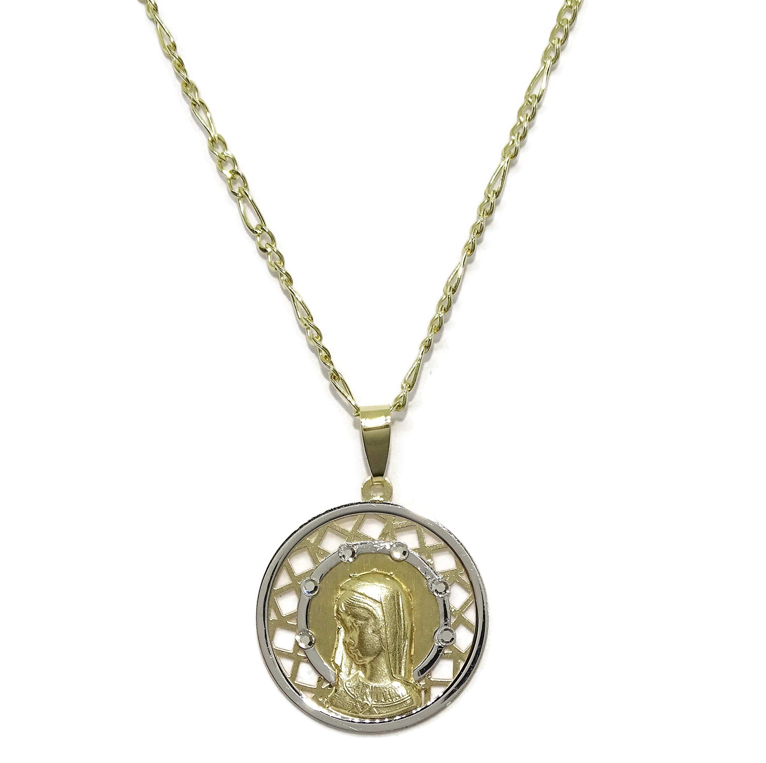 Medalik Virgin Girl i łańcuszek z 18K dwukolorowego złota i błyszczących cyrkonii | katolicki naszyjnik i wisiorek | medalik 18mm | 3 x 1 klasyczny łańcuszek ogniwowy | biżuteria religijna | 2,85g żółte i białe złoto | prezent na pierwszą komunię dla dzie