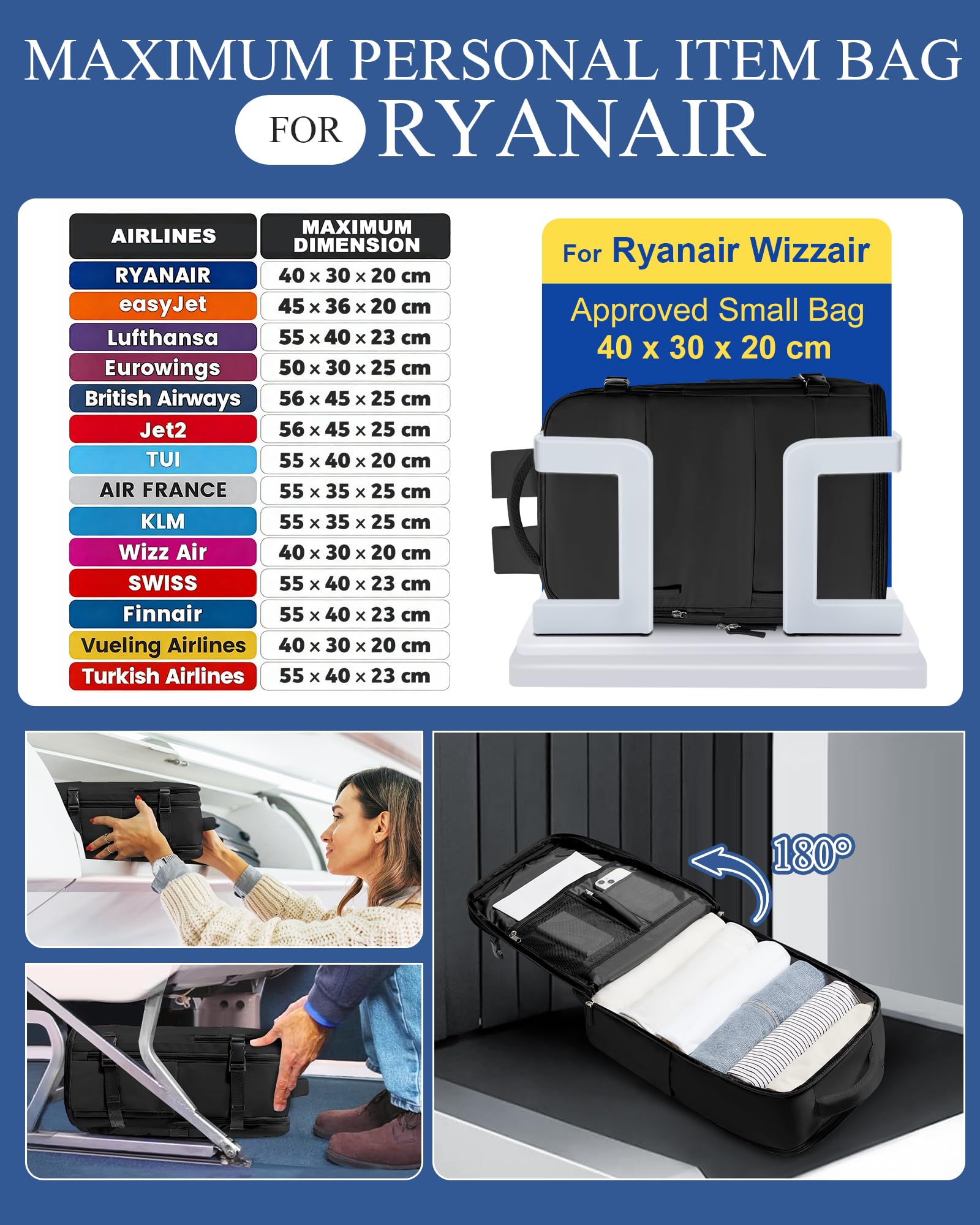 SZLX Zaino Ryanair 40x30x20 Sottovuoto Zaino da Viaggio 40x30x20 Wizzair Donna da escursionismo sportivo impermeabile Zaino Casual Laptop da 14 Pollici con porta di ricarica USB Scomparto per Scarpe