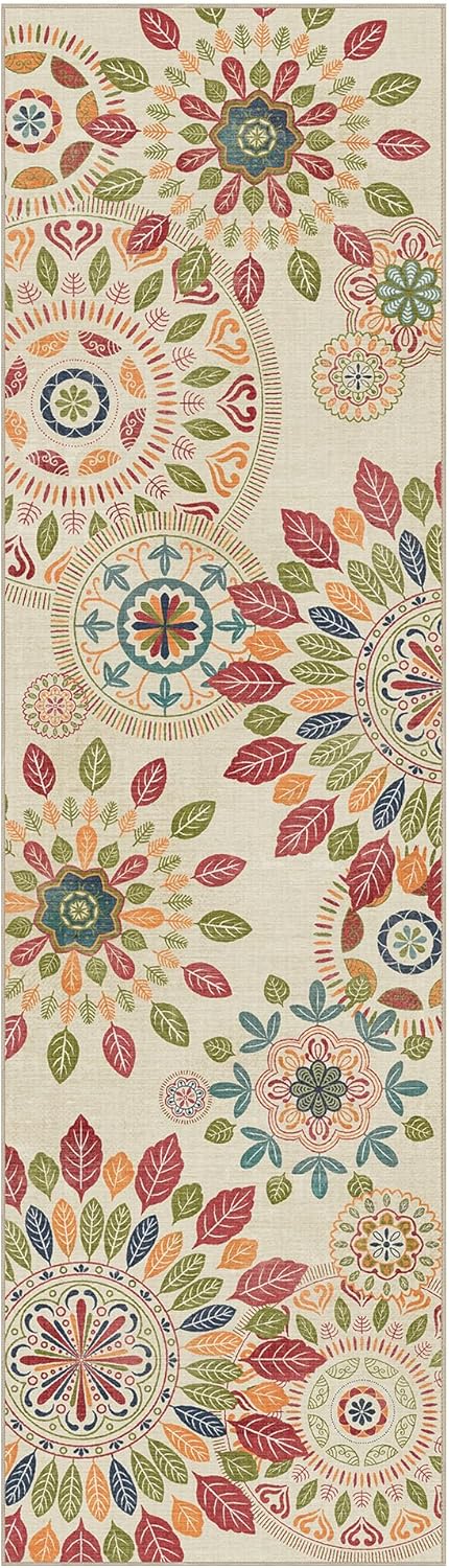 Bavni Kitchen Runner, Washable 2x12 Rugs Non Slip, Floral Thin Runners, Stain Resistant Carpet Runner for Bathroom, Bedroom, Hallway, Beige Red